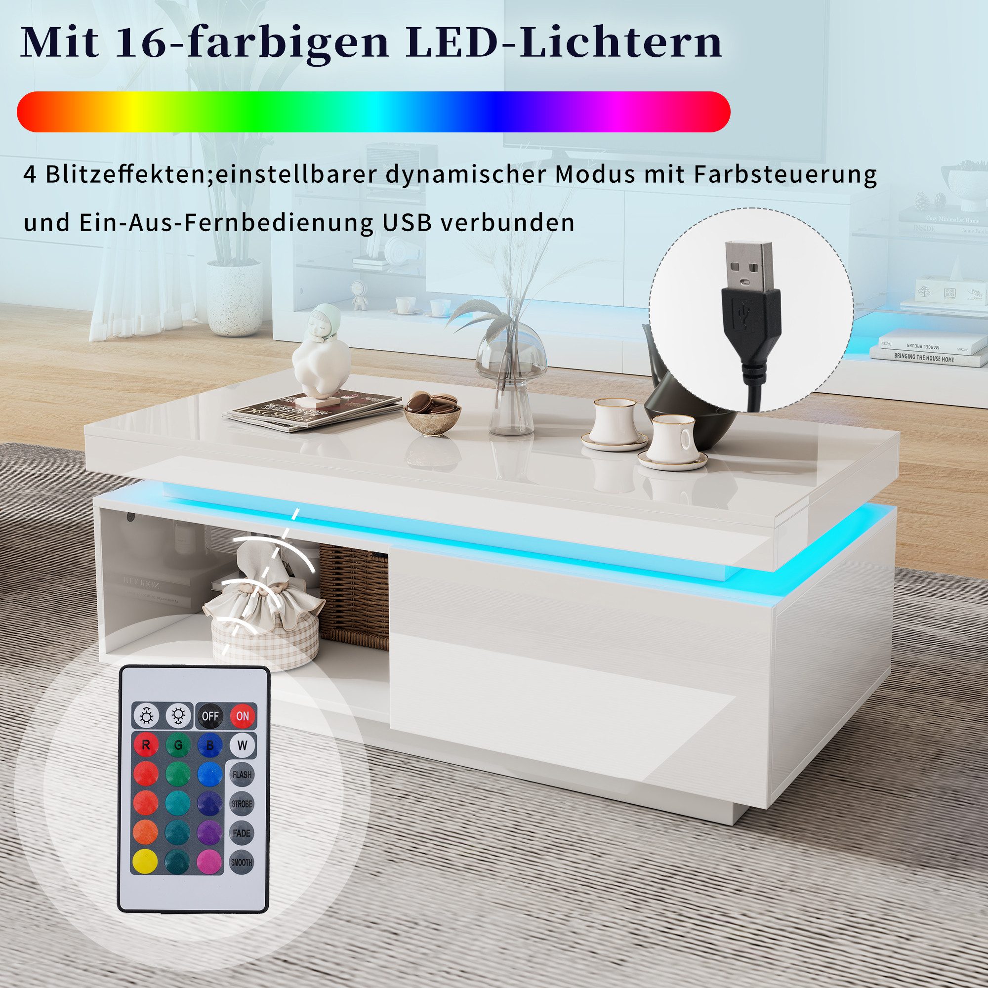 Merax Couchtisch hochglanz Sofatisch Beistelltisch mit LED-Beleuchtung (1-St), Wohnzimmertisch mit Schublade und Stauraum, Breit: 100cm – Bild 5 von 5