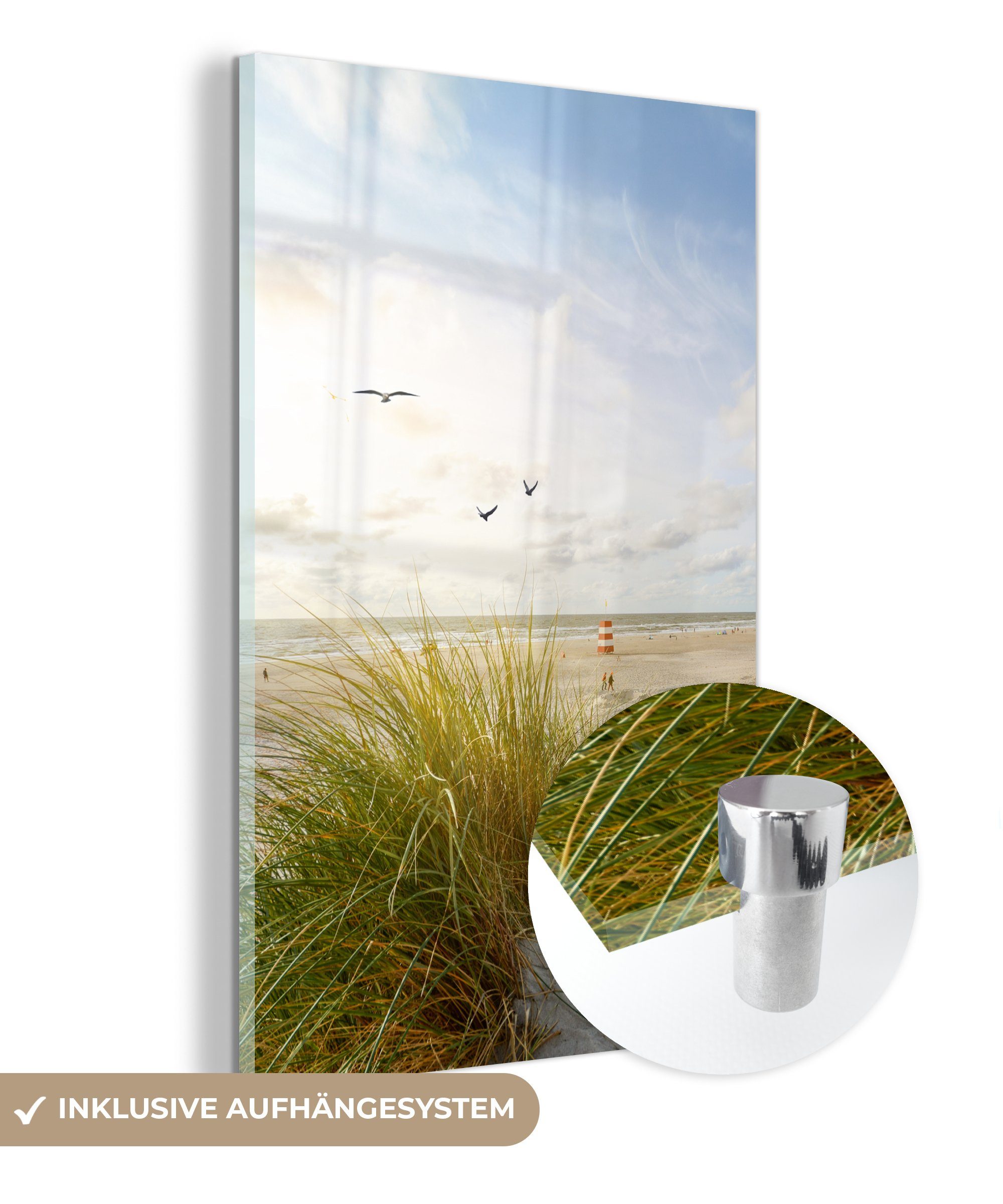 Glas auf - Vögel, Wandbild Bilder Glasbilder MuchoWow - St), Wanddekoration - Acrylglasbild - Glas - auf Foto Strand Meer (1