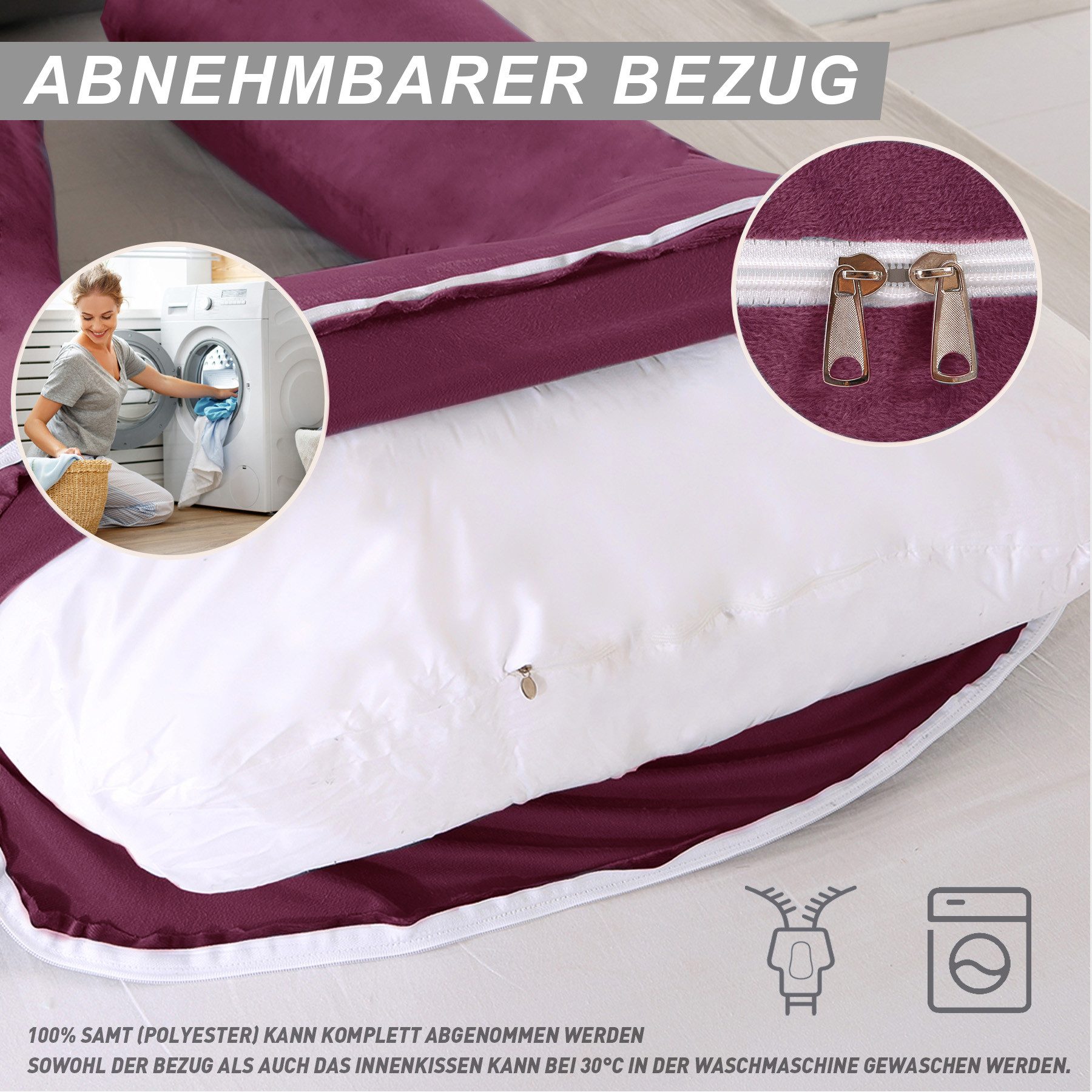 CALIYO Seitenschläferkissen Stillkissen, J-förmiges Schwangerschaftskissen zum Schlafen, Seitenkissen, Seitenschläferkissen ergonomisch geformt – Bild 5 von 5