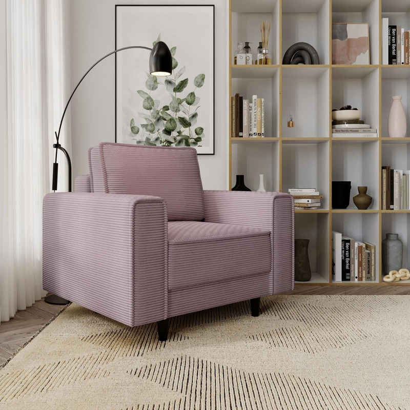 Beautysofa Relaxsessel Monte (Rosa Sessel aus Cordstoff, 105x93 cm Polstersessel mit Holzbeine), Wellenunterfederung