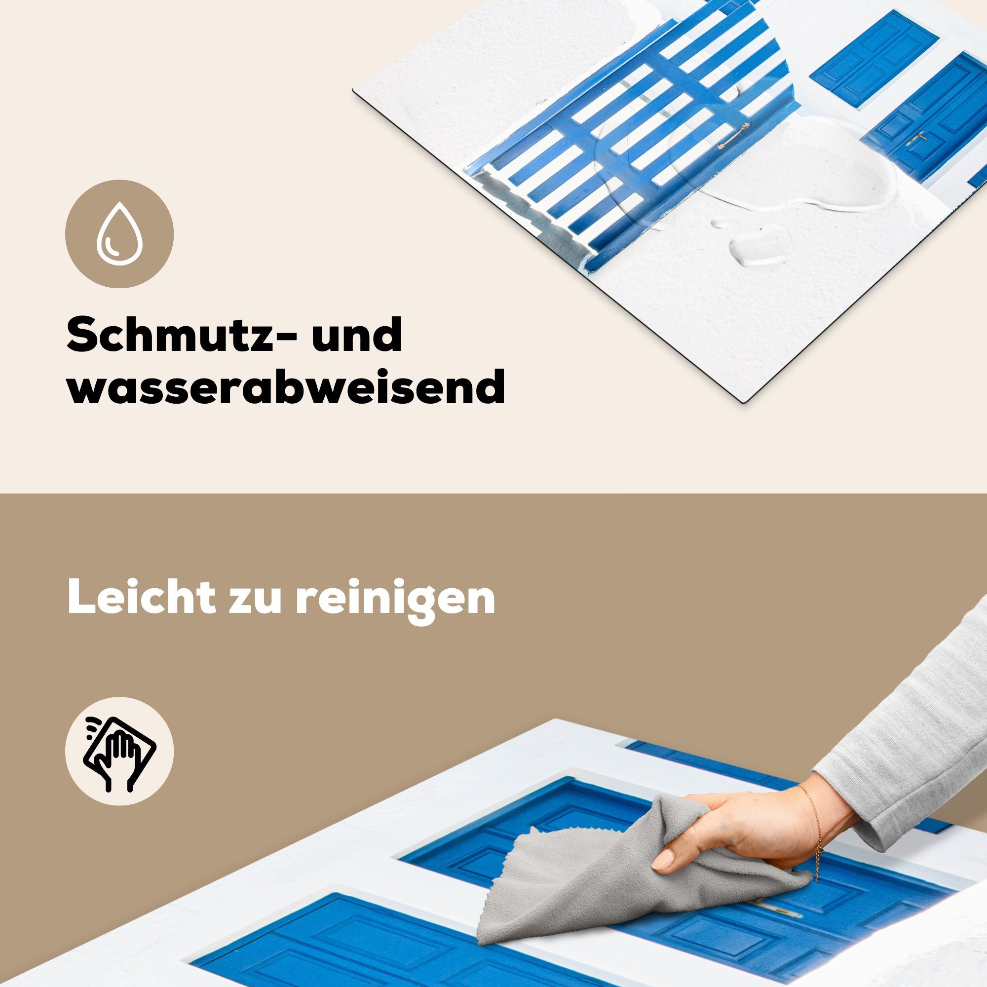 MuchoWow Mobile - Vinyl, 60x52 Architektur cm, Arbeitsfläche - Zaun nutzbar, - (1 - Türen, Blau Herdblende-/Abdeckplatte tlg), Weiß Ceranfeldabdeckung