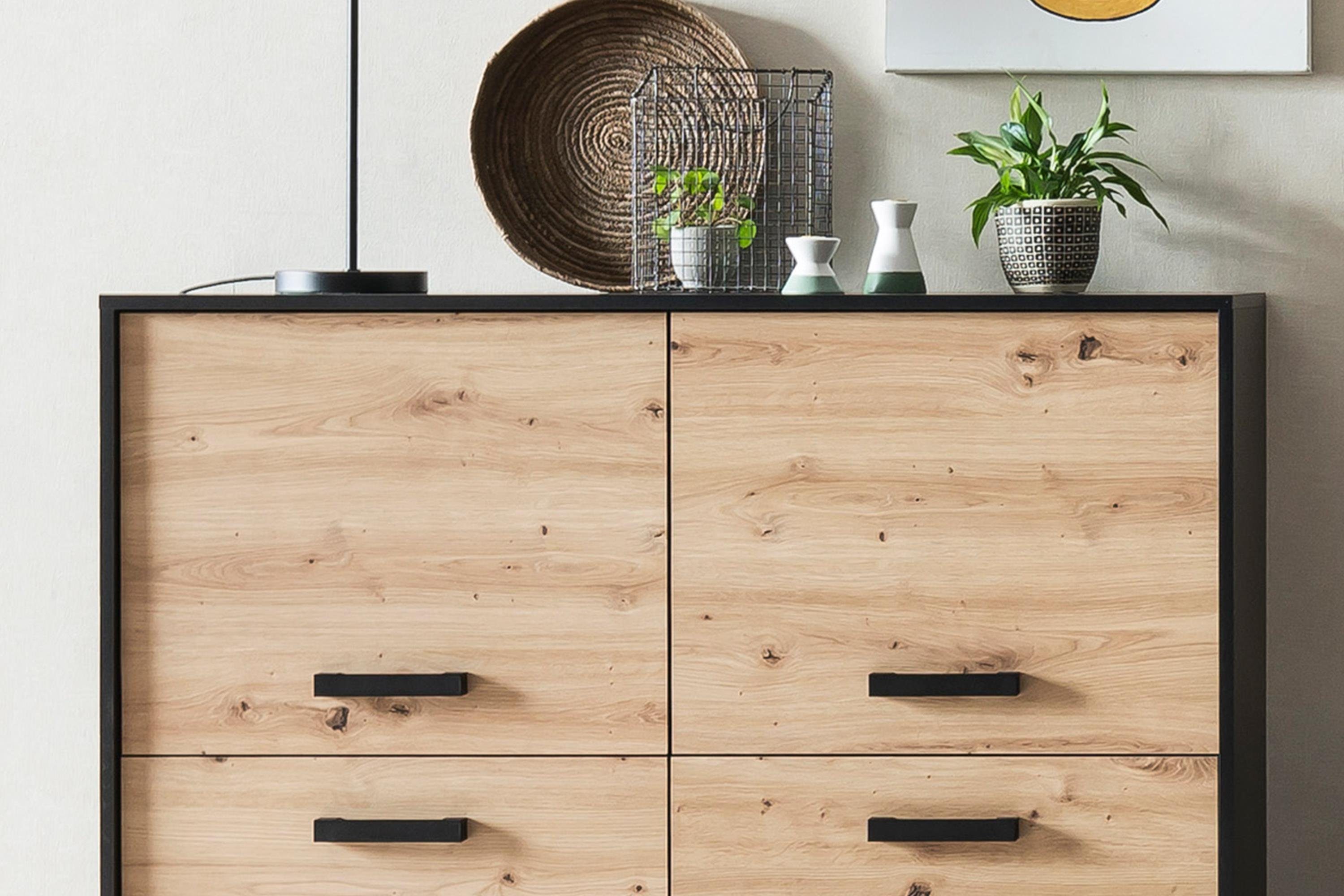 Wandboard, 1 Einlegeböden, Artona, Spanplatte, und 3 Schwarz, Korpus in Wohnwand 1 aus Highboard Einlegeböden, melaminharzbeschichteter Wohnwand, aus Moderne Artisan-Eiche, möbelando 1 Stellmaß und Türen 3 mit Türen bestehend in TV-Lowboard mit Front 4 Individuelles 6