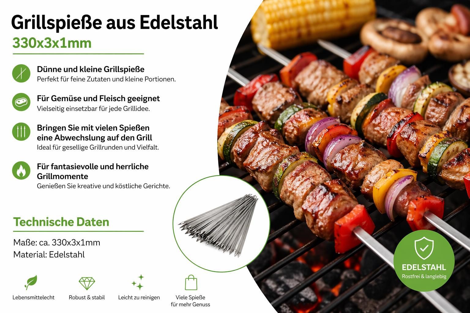 BAYLI Grillspieß BAYLI 10 x Edelstahl Grillspieße, kleine Schaschlikspieße, 33cm