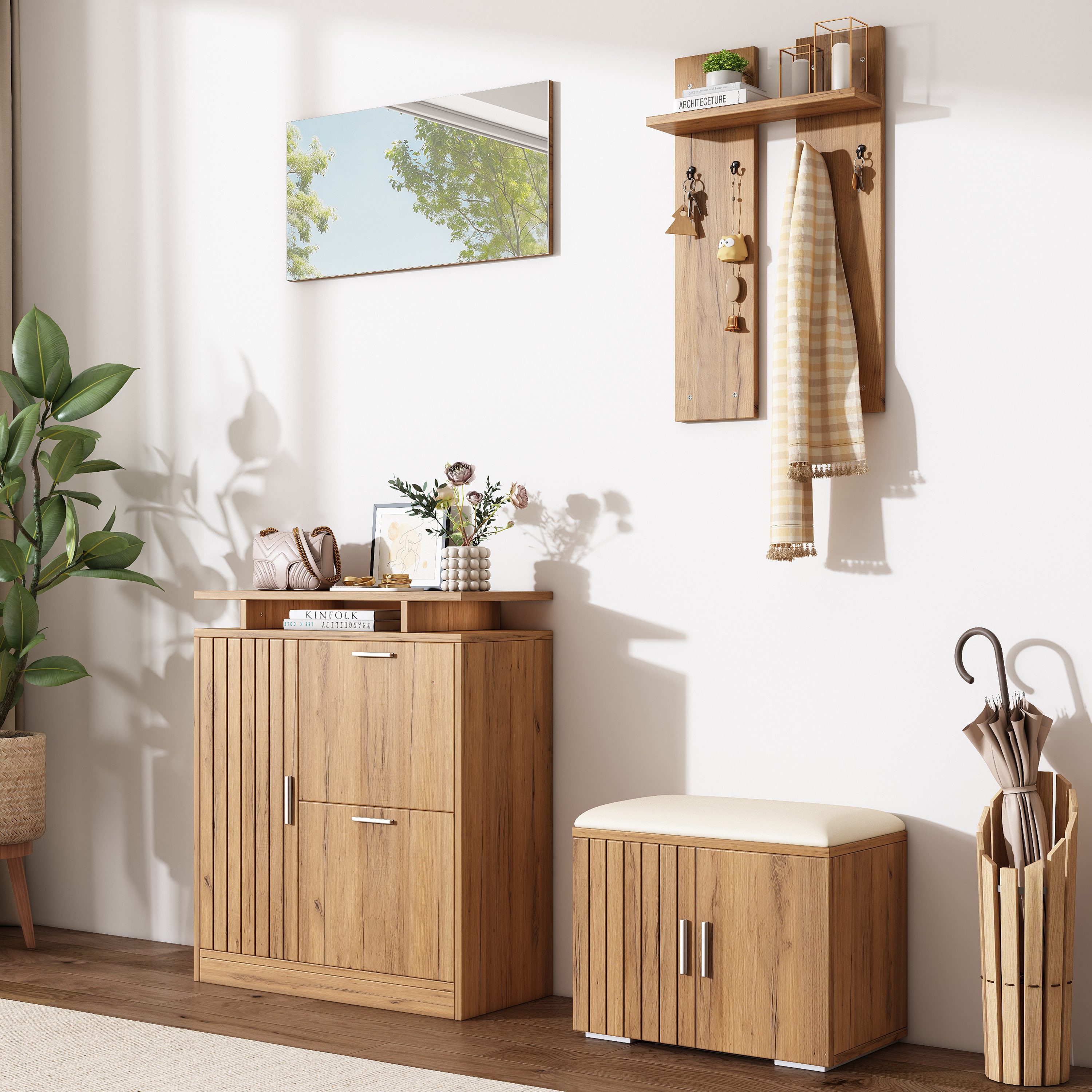 Flieks Garderoben-Set Garderobe mit 1 Spiegel, 4 Haken, Schuschrank, Sitzbank in Holzoptik, (Set, 4-St), Flurmöbel-Set Schuhbank mit Sitzkissen, Schuhkommode mi – Bild 4 von 5