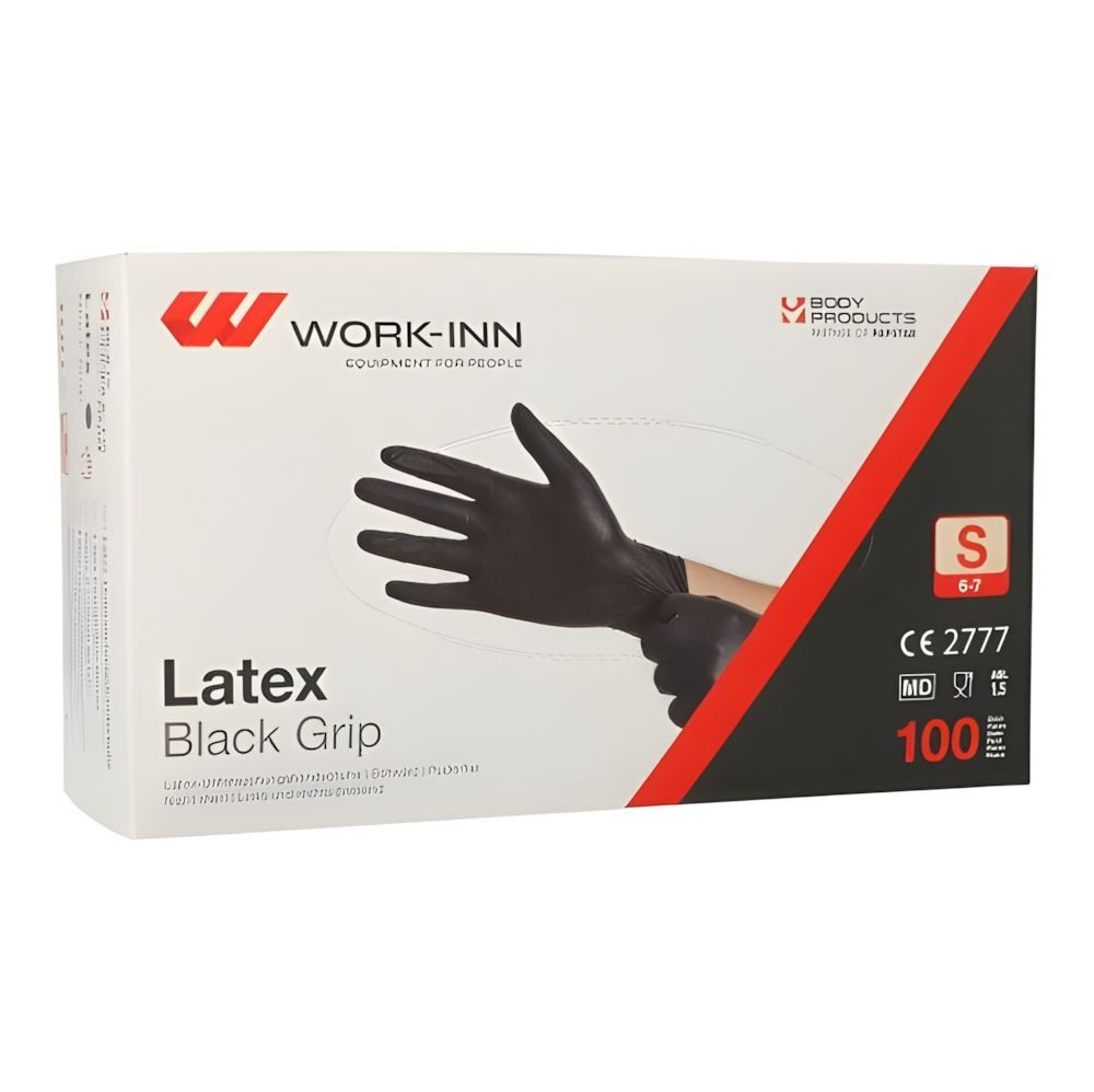 Work-Inn Einweghandschuhe 100x WORK-INN Handschuhe Latex puderfrei Black Grip schwarz Größe: S