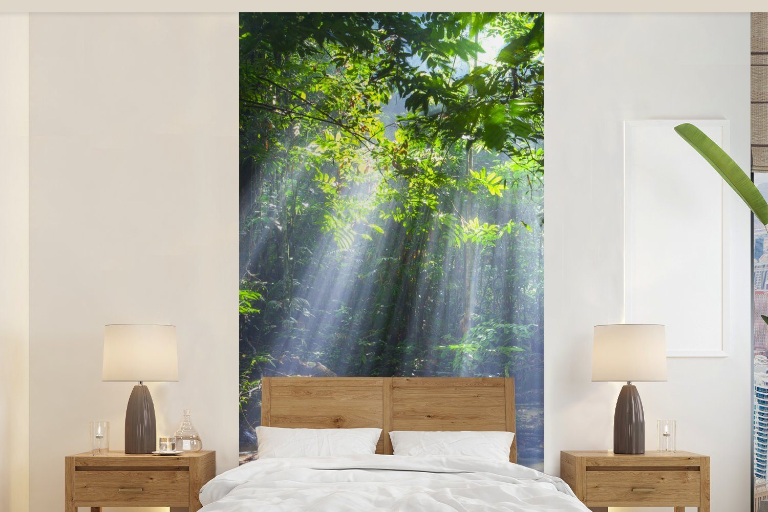 MuchoWow Fototapete Sonnenstrahlen dringen durch die Bäume in den Regenwald von Malaysia, Matt, bedruckt, (2 St), Vliestapete für Wohnzimmer Schlafzimmer Küche, Fototapete