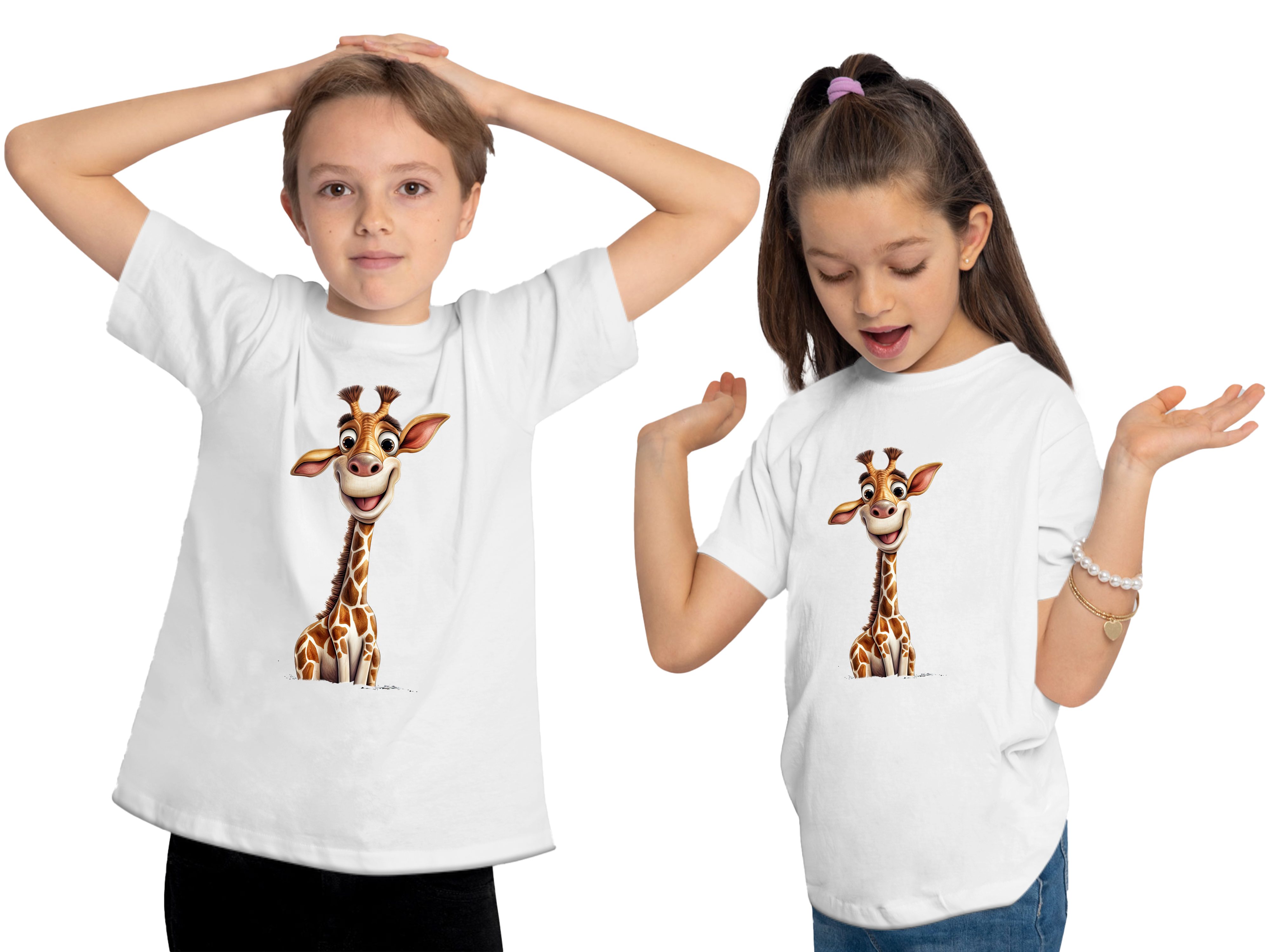 MyDesign24 T-Shirt bedruckt Aufdruck, Giraffe Wildtier Kinder Baumwollshirt - Print Baby mit weiss i273 Shirt