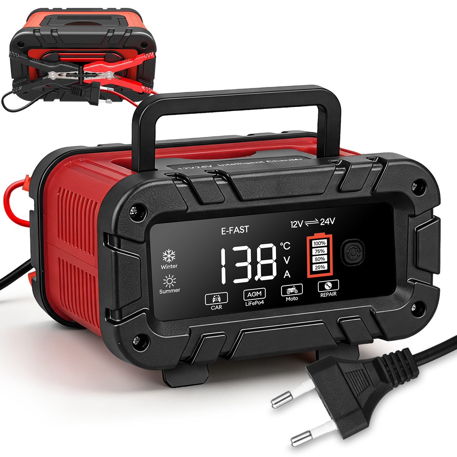 CkeyiN Pro 12V/24V Intelligentes Batterieladegerät, 15A Autobatterie-Ladegerät (7-Stufige Ladung & Reparaturmodus, Farbdisplay, für Auto, Motorrad, LKW, Blei-Säure, AGM, Lithium LiFePO4)
