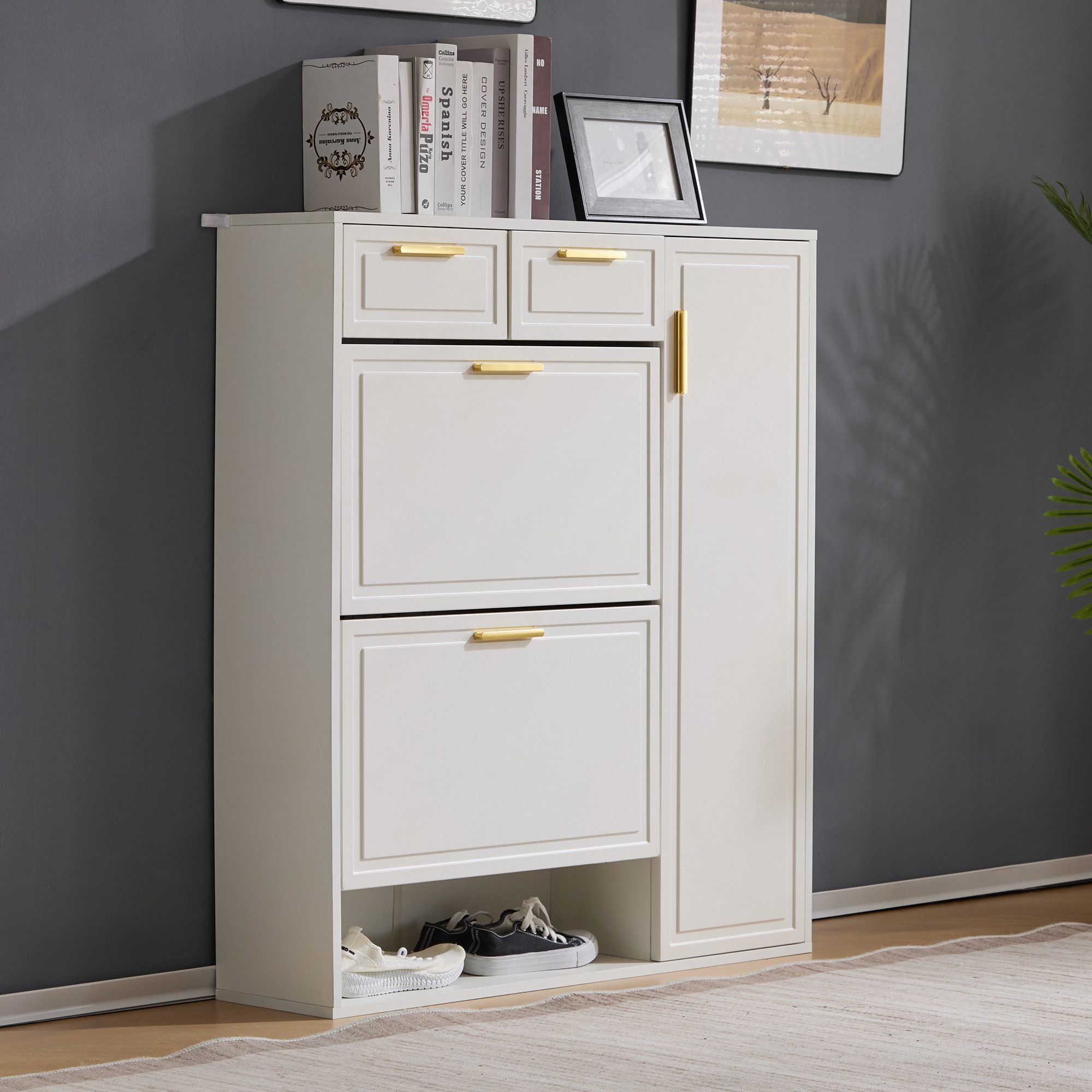 STILVORA Schuhschrank weiß Schuhkipper mit schublade,Klappschuhregal mit verstellbare Regale (Schuhregal, Schuhkommode, Klappschuhschrank, 1-St., 2 Schubladen, 3 Türen, 1 offene Fach) mit verstellbaren Regalen
