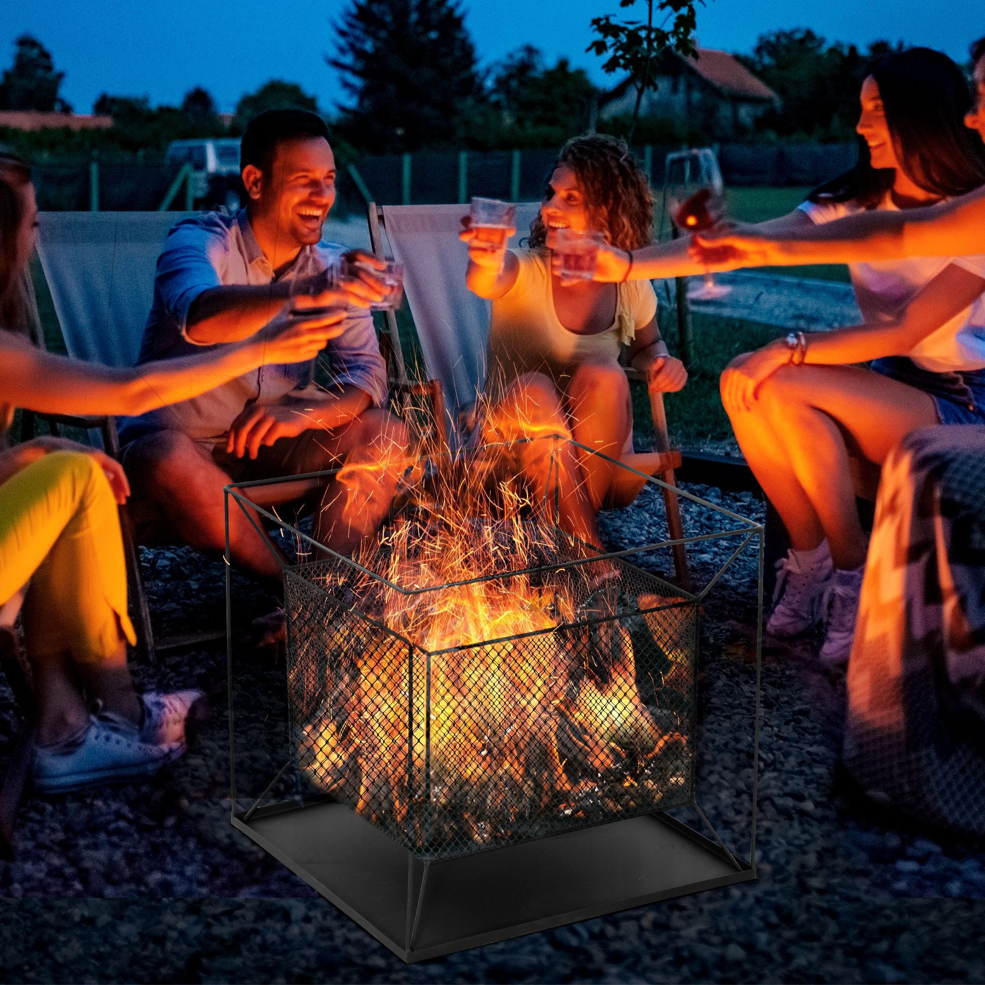 Outsunny Holzkohlegrill Feuerschale modern Feuerkorb rechteckig, Feuerkorb, Feuerstelle für Garten Camping BBQ, Metall Schwarz 45 x 45 x 43 cm