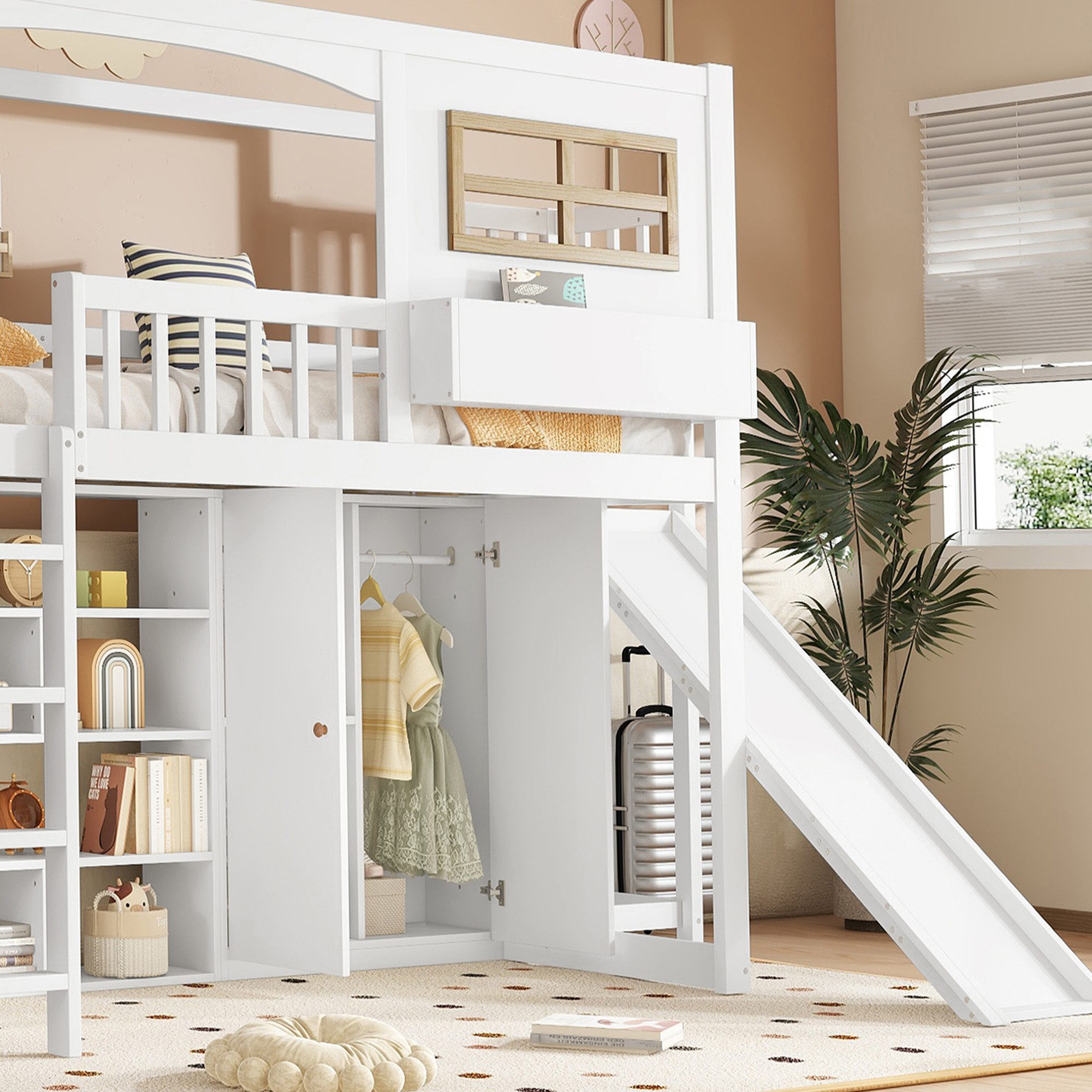 STILVORA Kinderbett mit Rutsche,90×200 Kinderbett Jugendbett mit Kleiderschrank&Ablagefach (Kinder Etagenbett mit Rutsche und Kleiderschrank, 90x200 cm), ohne Matratze