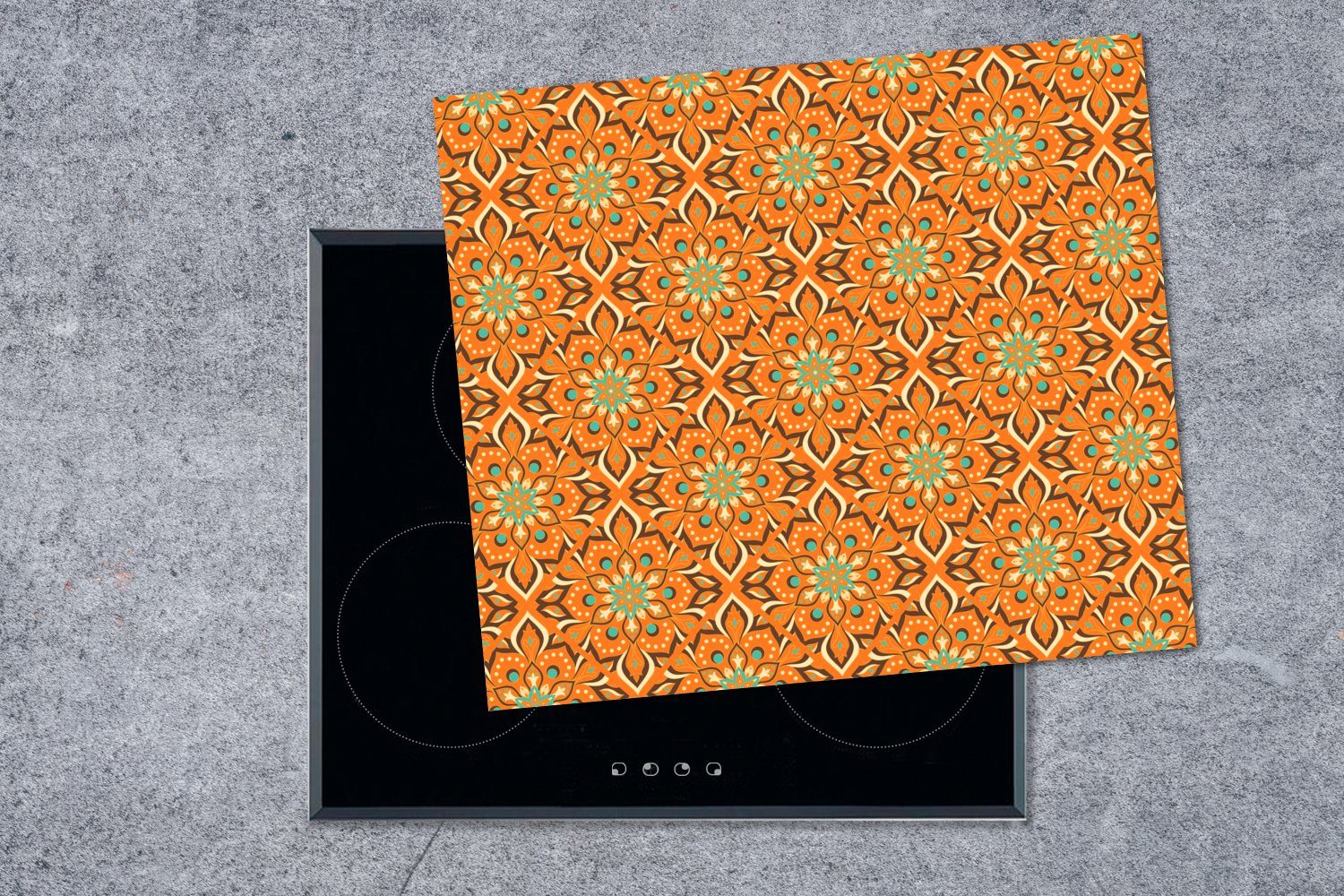 (1 - Orange - Herdblende-/Abdeckplatte Ceranfeldabdeckung Mobile Vintage, tlg), Vinyl, cm, Mandala 60x52 - nutzbar, MuchoWow Arbeitsfläche - Bohème Design