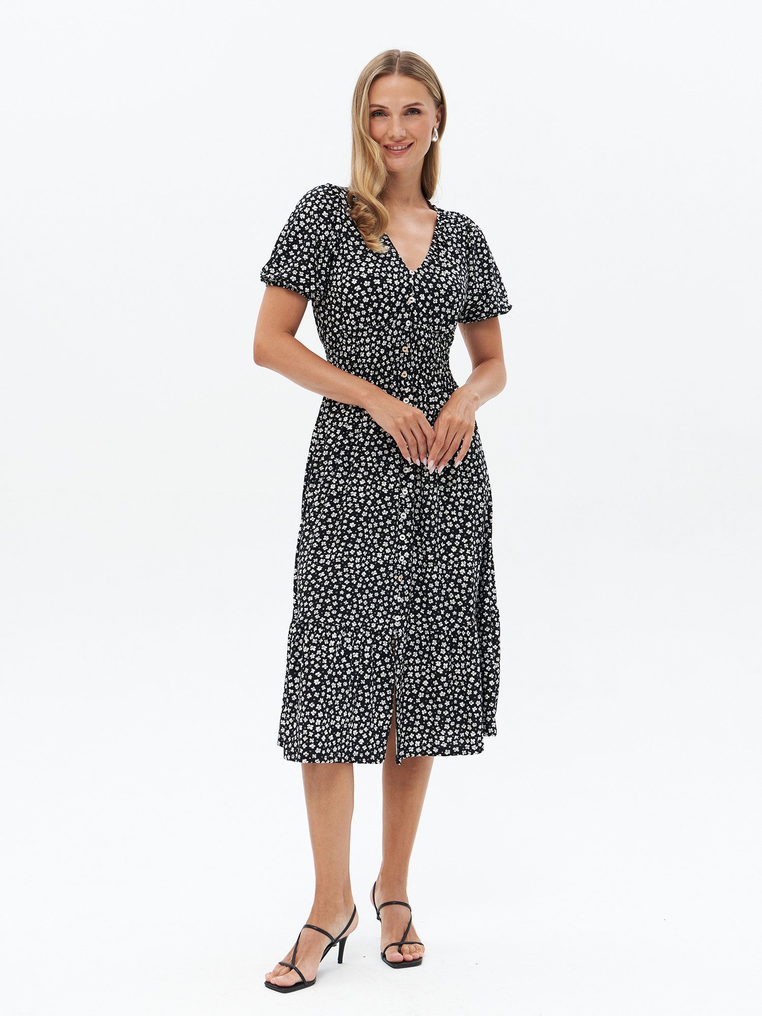 Passioni Hemdblusenkleid Maxikleid mit Blumenprint Sommerkleid mit gesmokter Taille