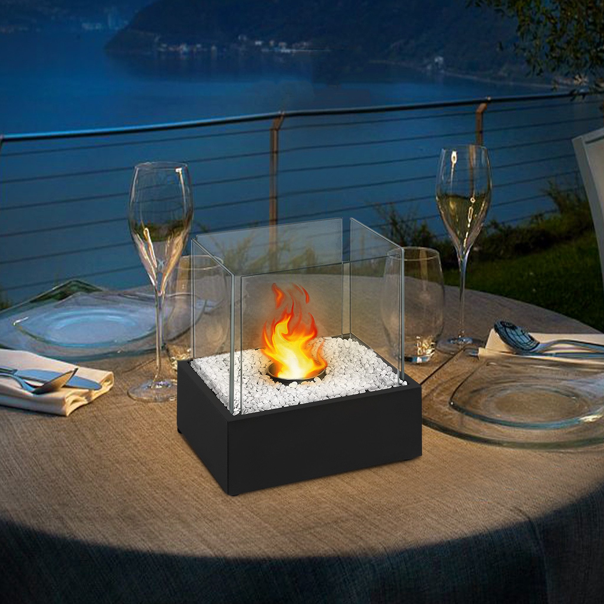 FIVMEN Tischfeuer Ethanol Tischkamin Indoor Outdoor Eckig/Rund Kamin Tischfeuerstelle (inkl Natursteinen, Unendliche Brenndauer, Balkon Deko Garten)