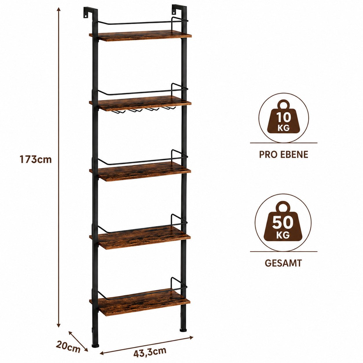 Yorbay Weinregal Flaschenregal mit 5 Ebenen, freistehendes Barregal, für bis zu 50 Flaschen,43,3 x 20 x 173,0 cm, mit Weinglashalter, LED-Beleuchtung & Metallum – Bild 2 von 5