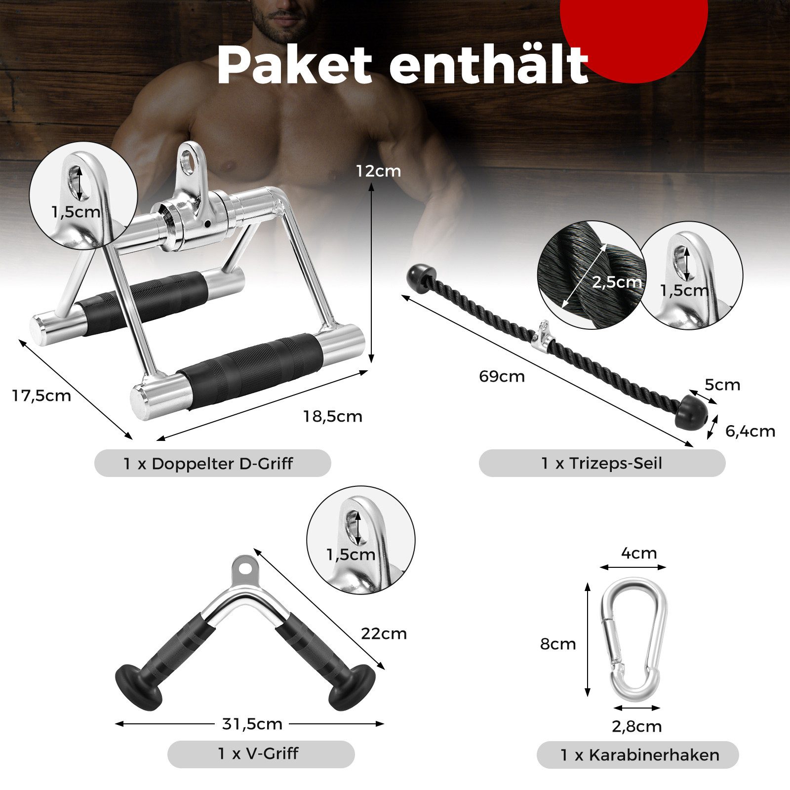COSTWAY Trainingshilfe, 3-teilige Set mit Trizepsseil, V Griff, Doppel-D-Griff
