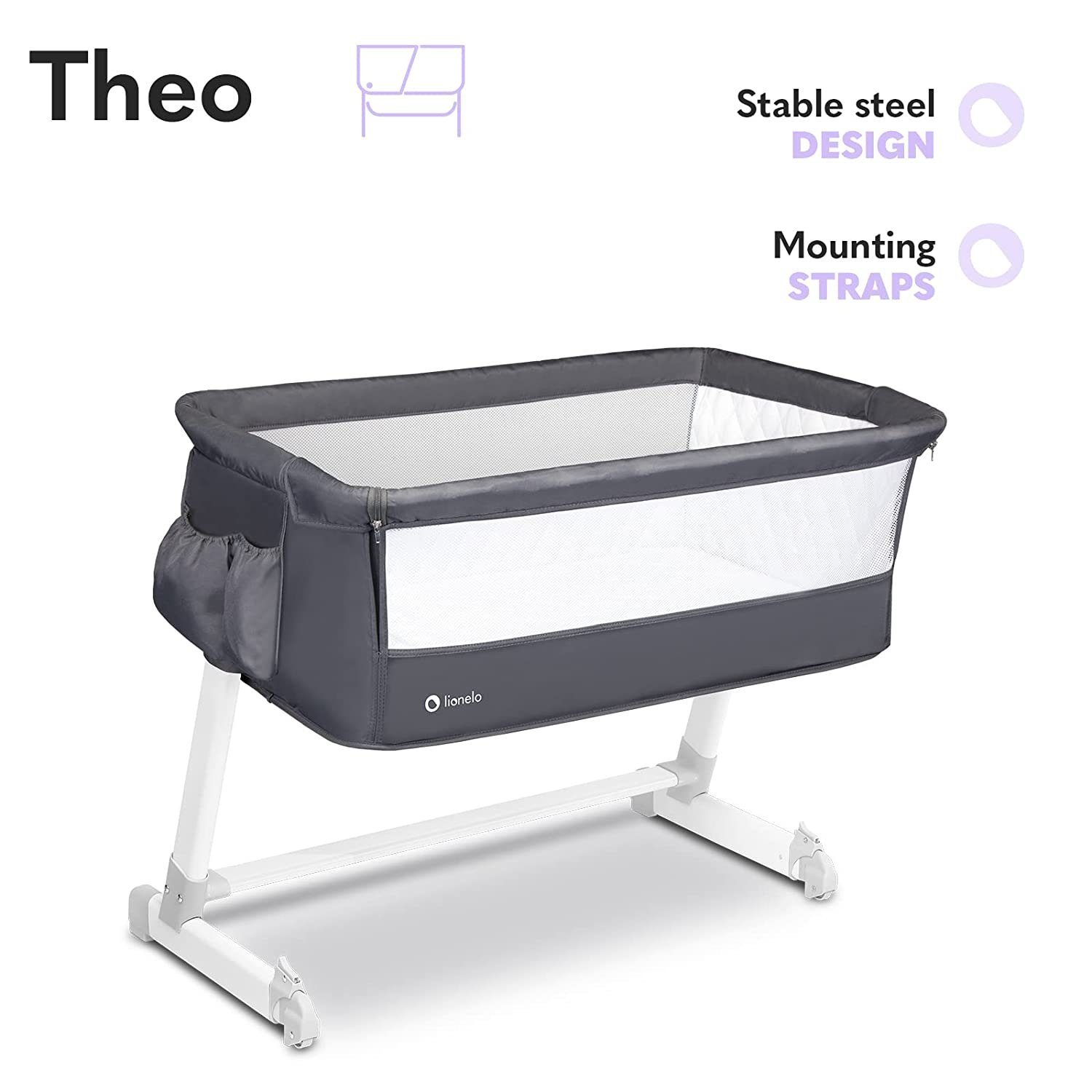 Beistellbett Theo Dark Zustellbett lionelo Kinderbett Baby (dunkelgrau) grau Beistellbett Babybett Grey Lionelo