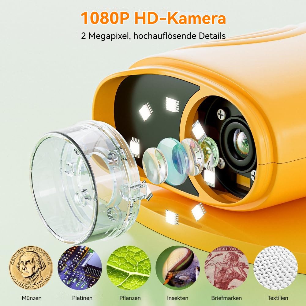 Tekoo Digitales Handmikroskop 1000x Zoom mit 2,0" Display & 64GB Kindermikroskop (50x-1000x, Stufenloser 200x-1000x Zoom & 2,0 Zoll IPS-Display inkl. 64GB SD-Karte)