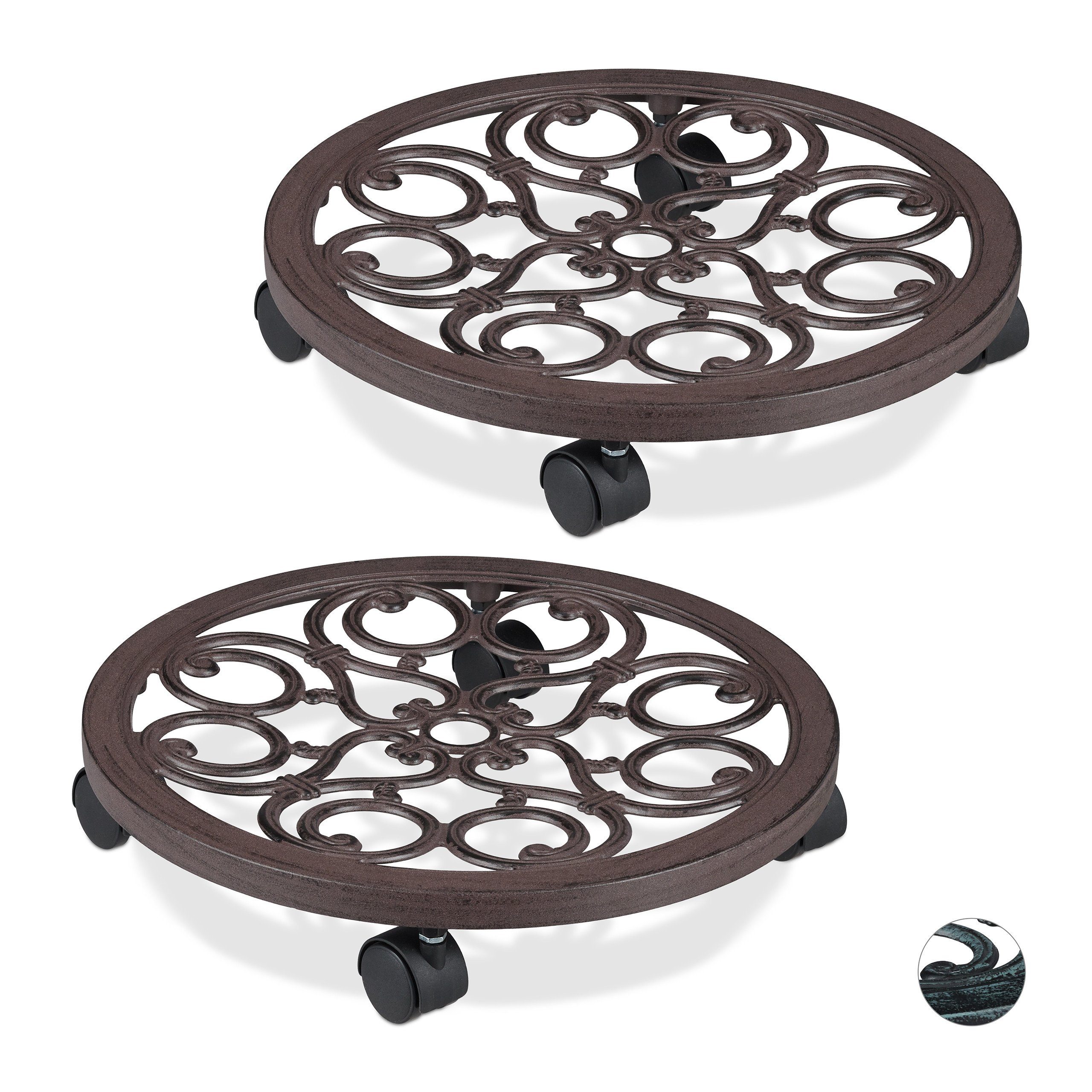 Blumentopfuntersetzer 2 x Pflanzenroller rund antik braun