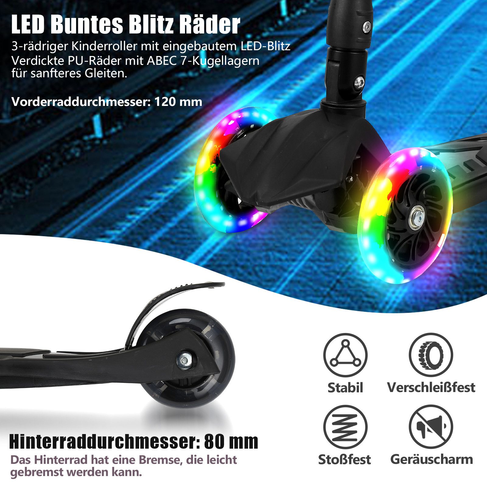 Clanmacy Scooter Kinderroller Tretroller mit 3 LED-Rädern Höhenverstellbar & Klappbar – Bild 3 von 5