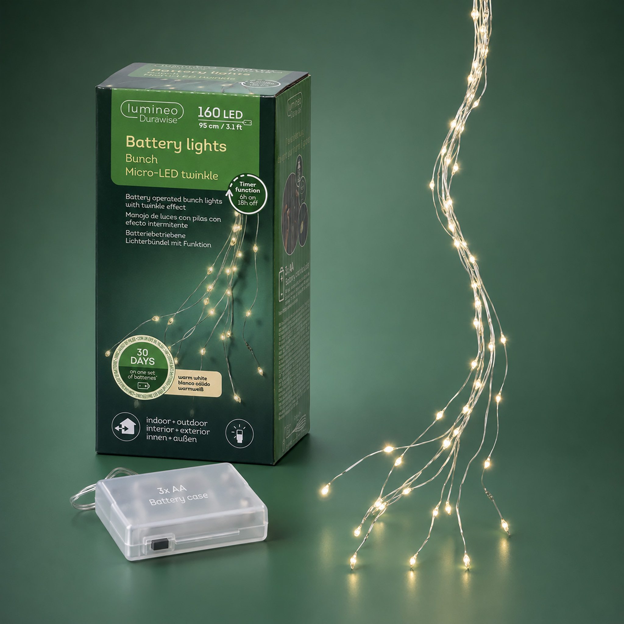 Lumineo LED-Lichterkette, LED Lichtbündel 95cm mit 160 LEDs Twinkle Effekt Outdoor Timer Silber