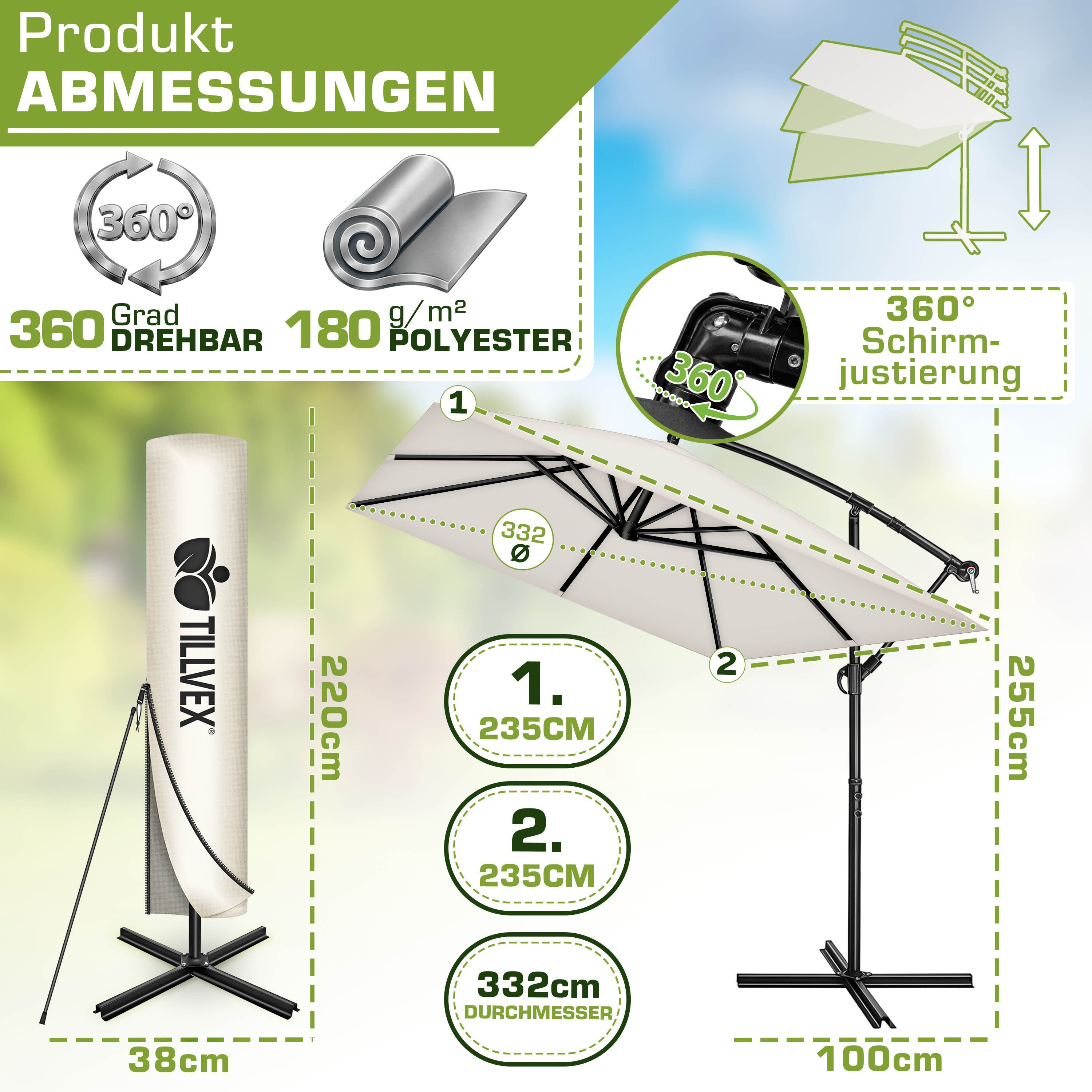 tillvex Sonnenschirm tillvex® Sonnenschirm eckig 235 x 235 cm Ampelschirm Gartenschirm, Kurbelschirm Marktschirm wasserdicht 360° drehbar, mit Kurbel & Windschu – Bild 2 von 5