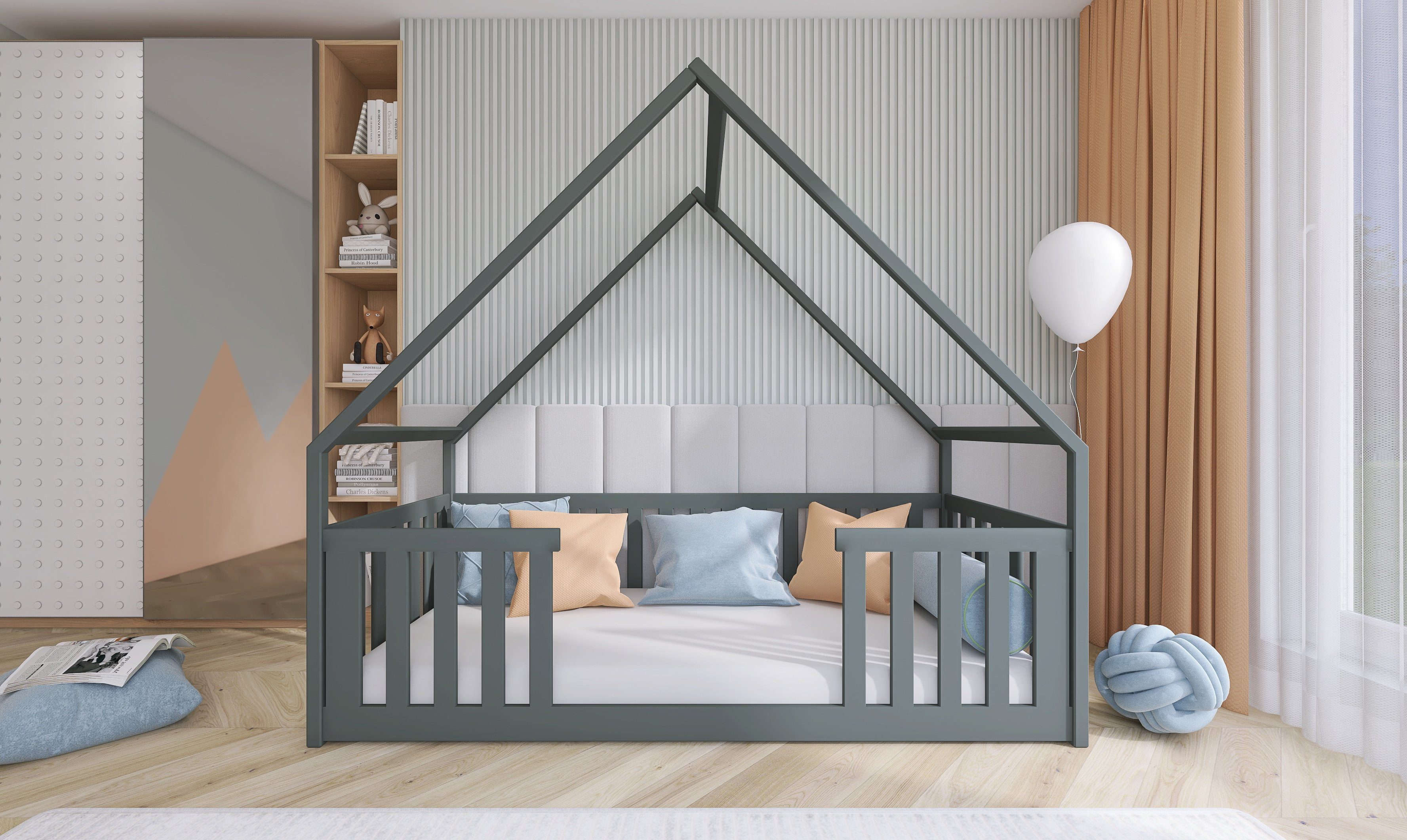 Fun Möbel Hausbett Kinderbett BECKY (in drei Farben, 90x200cm), Inkl. Rollrost und Rausfallschutz