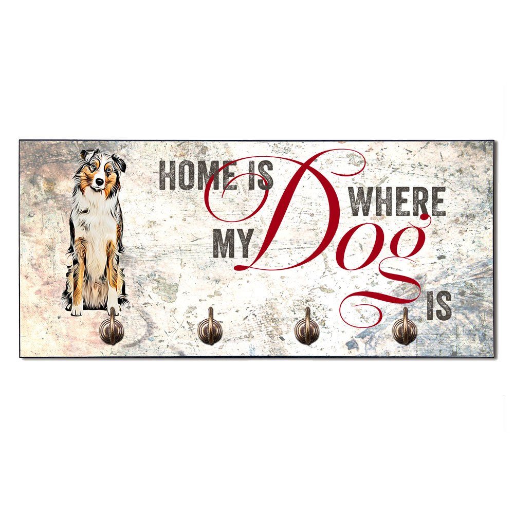 Cadouri Wandgarderobe AUSTRALIAN SHEPHERD Hundegarderobe - Wandboard für Hundezubehör (Garderobe mit 4 Haken), MDF, mit abgeschrägten Ecken, handgefertigt, für Hundebesitzer