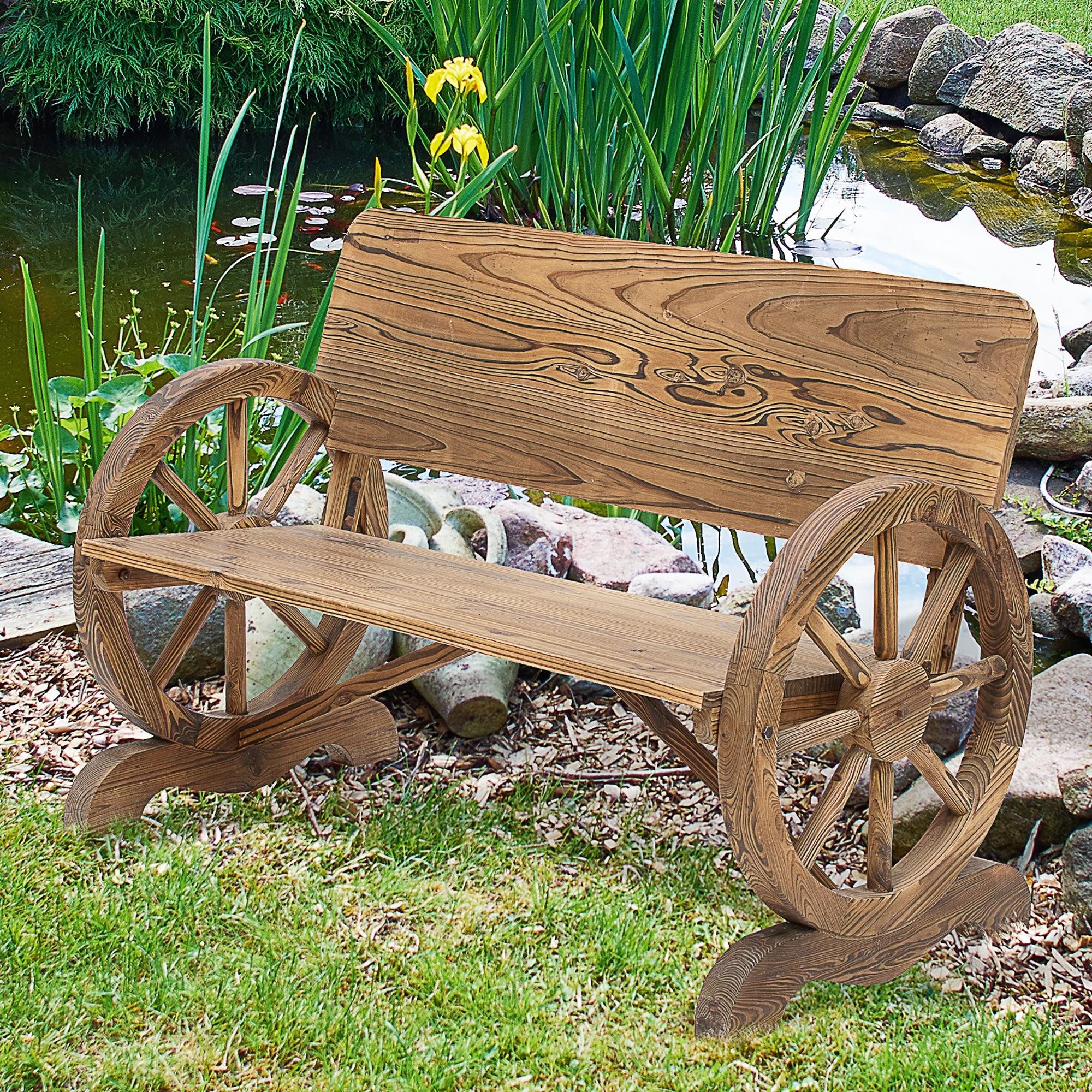 MODFU Gartenbank 2-Sitzer 114x58x80 cm Massivholz Braun bis 250kg Armlehne (Packung, 1-St., Stabile Holzbank Gartenmöbel mit Armlehnen für Außenbereich Nutzung), Sitzbank im Wagenrad-Design rustikal für Garten und Terrasse