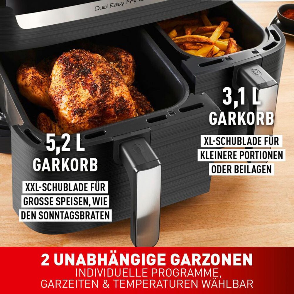 Tefal Heißluftfritteuse Dual Easy Fry & Grill EY905B, knusprig und gesünder kochen, 8 voreingestellte Programme, 2700 W, Doppelkammer, inkl. Grillplatten – Bild 3 von 5