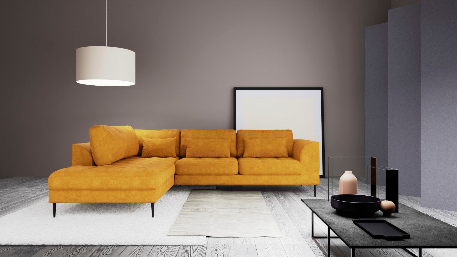 TRENDMANUFAKTUR Ecksofa Luzi, wahlweise mit Schlaffunktion und Bettkasten, gemütlich, L-Form, Designsofa mit Ottomane, Metallfüße schwarz, Breite 264 cm
