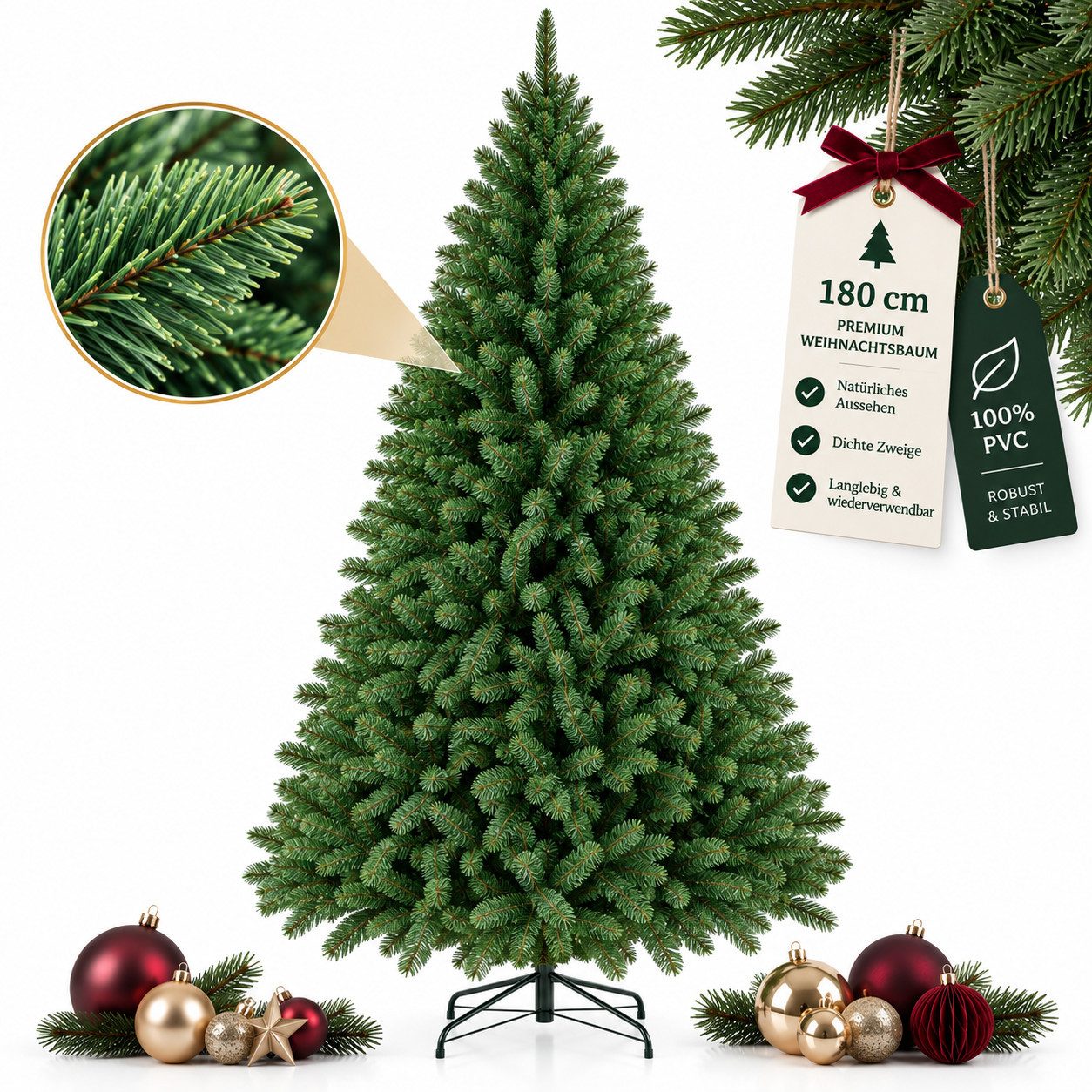 PHILODECO Künstlicher Weihnachtsbaum 180cm, 1000 Nadeln, PVC flammhemmend & geruchlos, dichte Optik