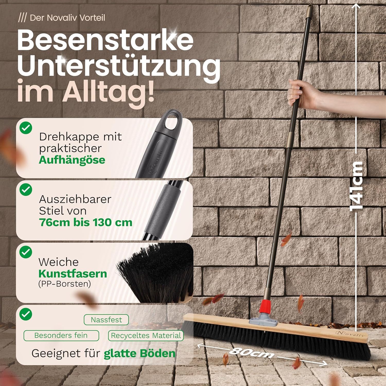 Novaliv Kehrgarnitur 30608-19444-20124-19532-1x, (1-tlg), Novaliv Großer Besen Saalbesen 80 cm mit Teleskopstiel Borsten Kunstbo