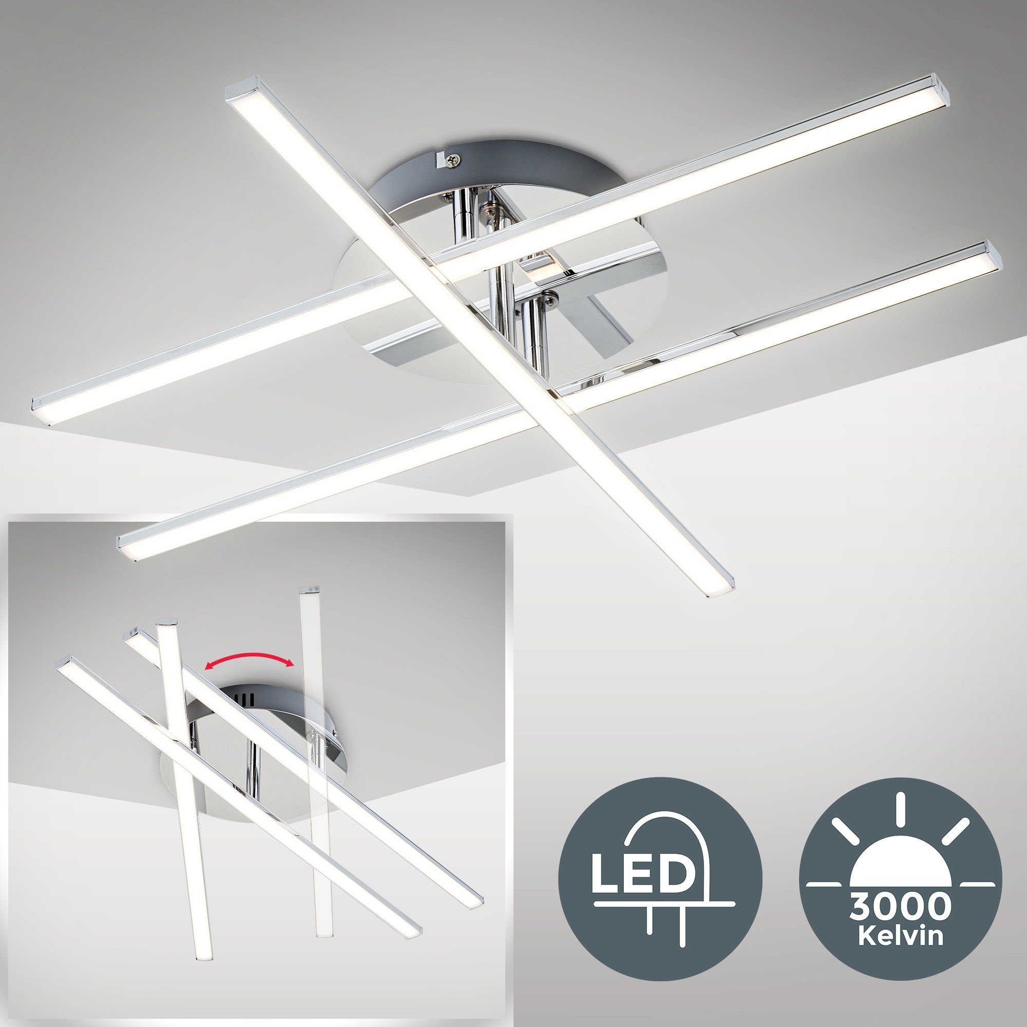 B.K.Licht LED Deckenleuchte, LED fest integriert, Warmweiß, LED Design  Decken-Lampe modern Wohnzimmer chrom inkl. 12,5W 1150lm