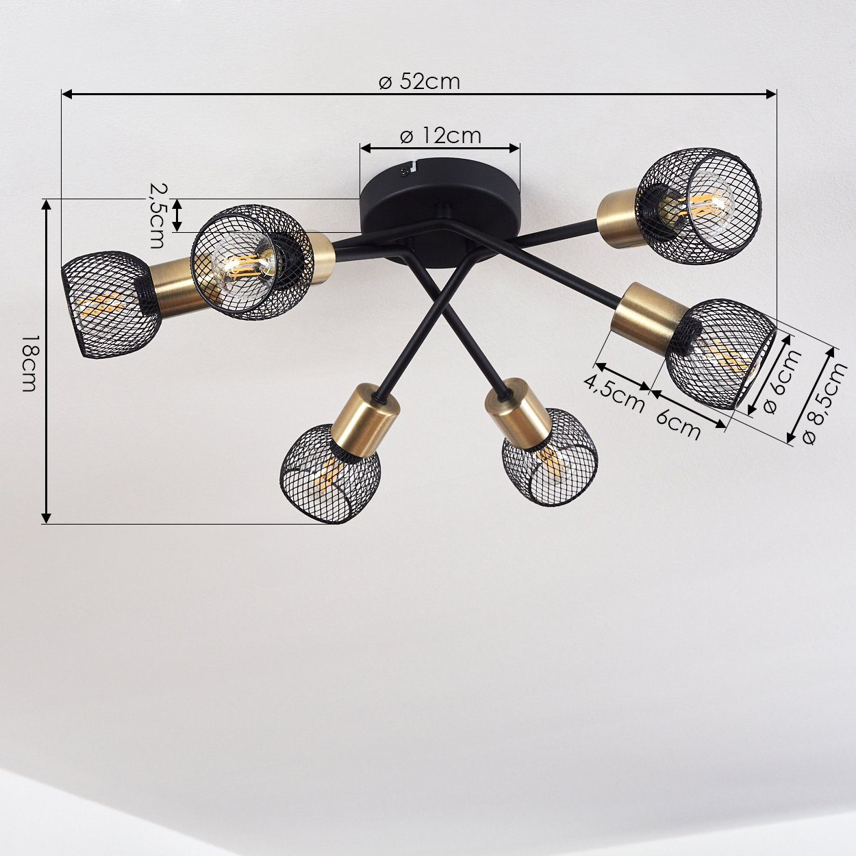 hofstein Deckenleuchte 6-flammig, Zimmerlampe »Pieve« gold 6xE14 Deckenlampe ohne aus Metall schwarz, Leuchtmittel,