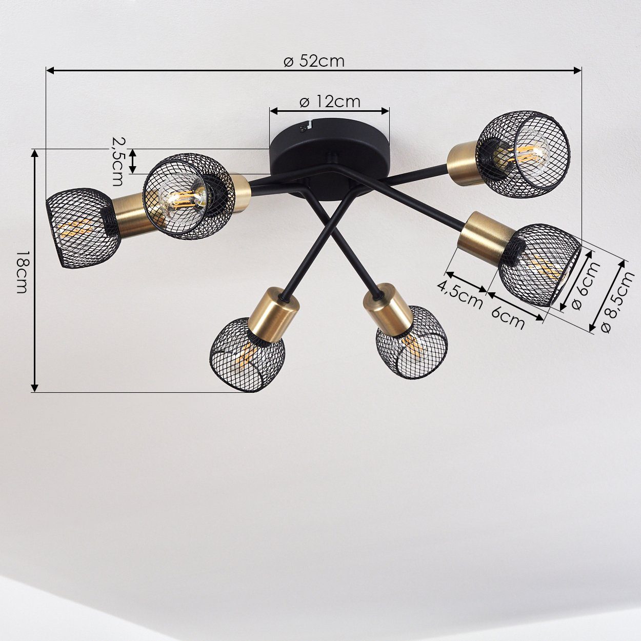hofstein Deckenleuchte »Pieve« Deckenlampe aus Metall schwarz, gold Zimmerlampe 6-flammig, ohne Leuchtmittel, 6xE14 – Bild 4 von 5