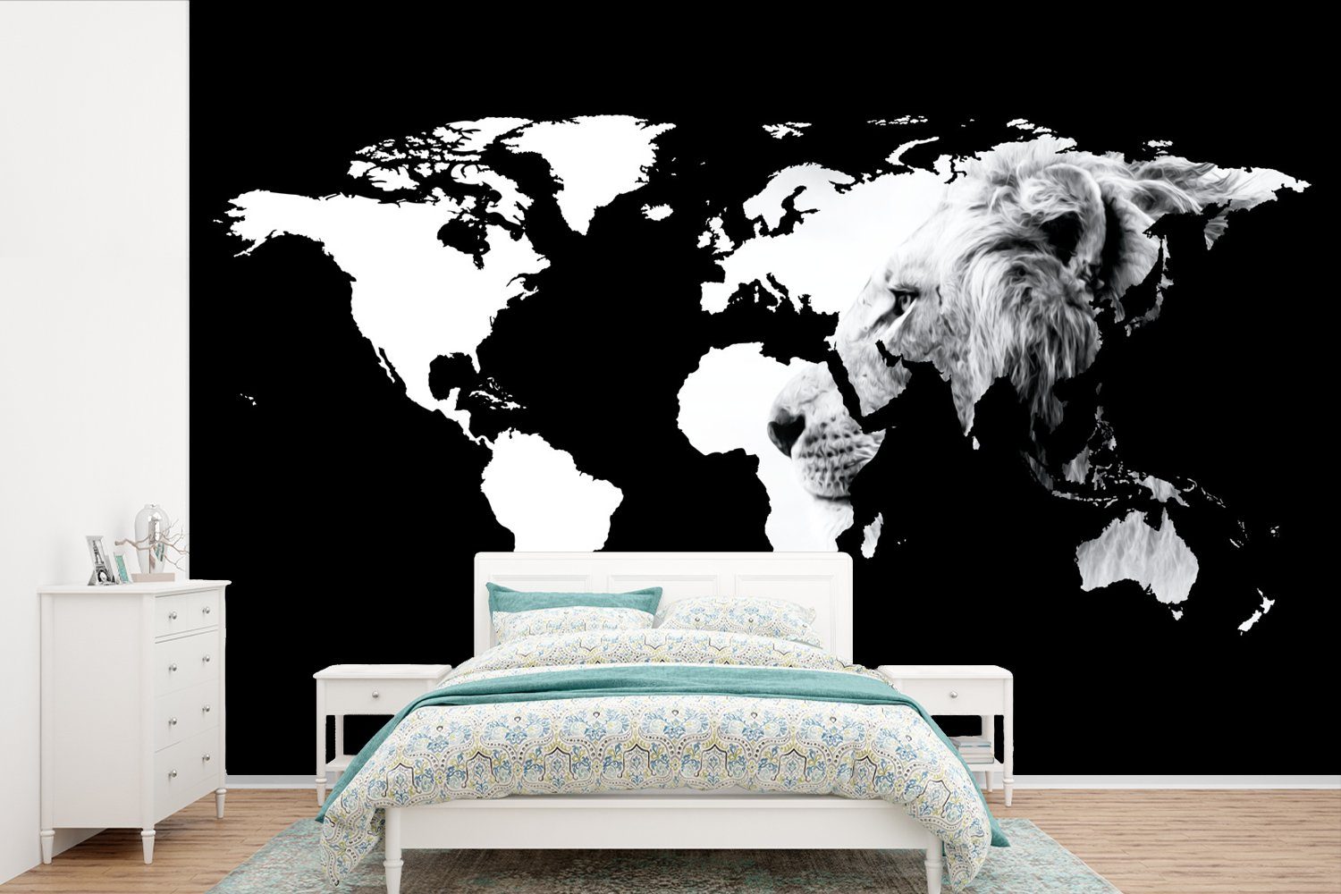 MuchoWow Fototapete Weltkarte - Schwarz - Weiß - Löwe, Matt, bedruckt, (6 St), Wallpaper für Wohnzimmer, Schlafzimmer, Kinderzimmer, Vinyl Tapete