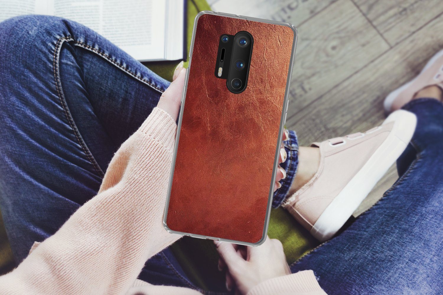 MuchoWow Handyhülle für OnePlus 8 Pro Leder - Lederoptik - Braun - Hell, Phone Case, Silikon, Schutzhülle Dünn