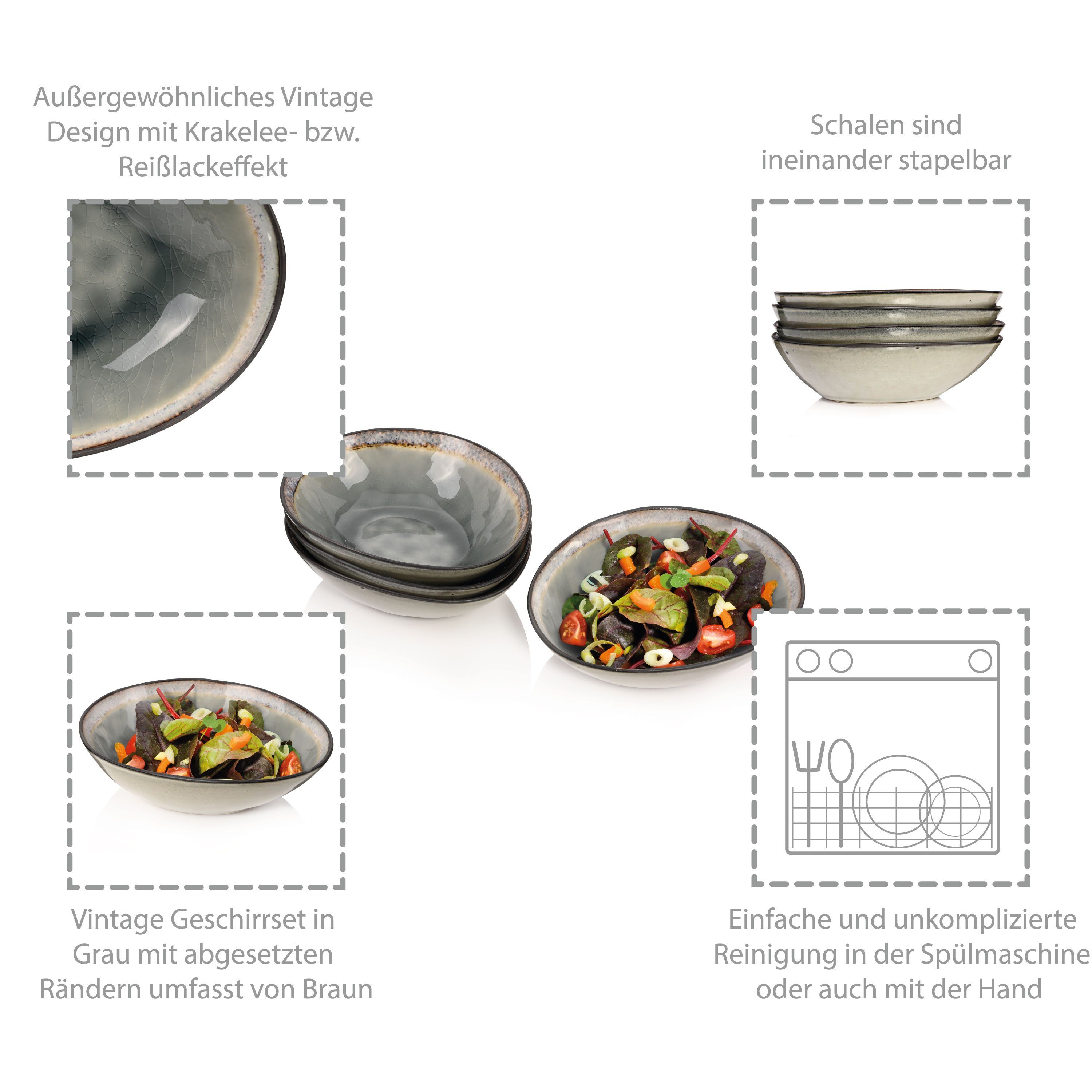 SÄNGER Salatschüssel Capri Grau Salatschalen Set, Steingut, (Set, 4-tlg), 20x16,8cm, Handmade, Krakellee-Effekt, Premium Collection