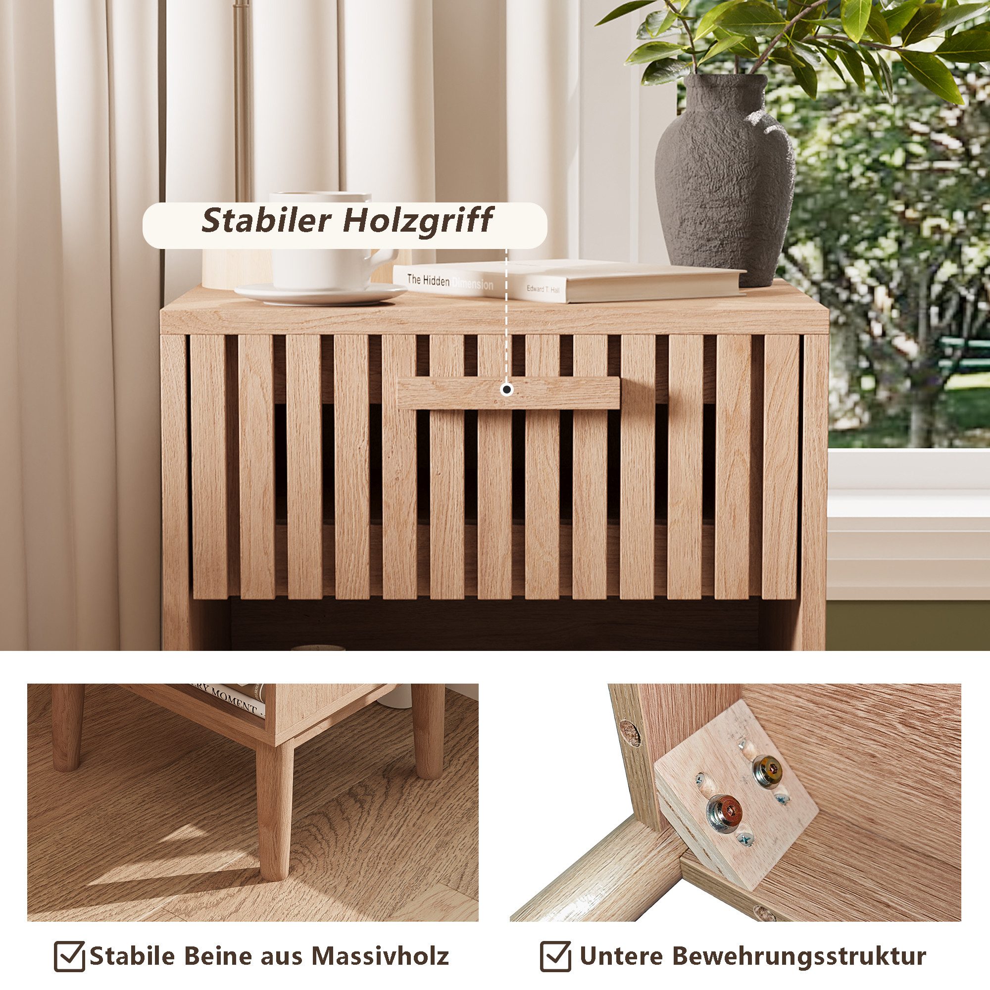 Simurq Nachttisch 2er Set Beistelltisch Nachtschrank mit 1 Schublade 1 offenes Fach (2-St., Boho Nachttisch Kommode Rillenmuster-Design), 40 x 35 x 55cm, für Sc – Bild 5 von 5