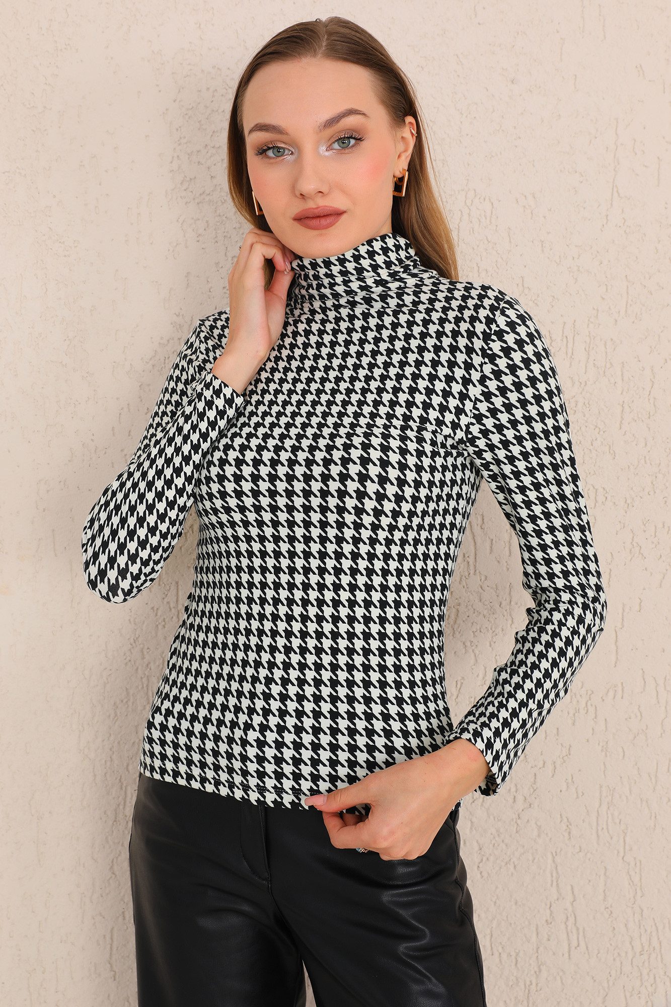 Bongual Rollkragenshirt Langarm Hahnentrittmuster samtweich günstig online kaufen