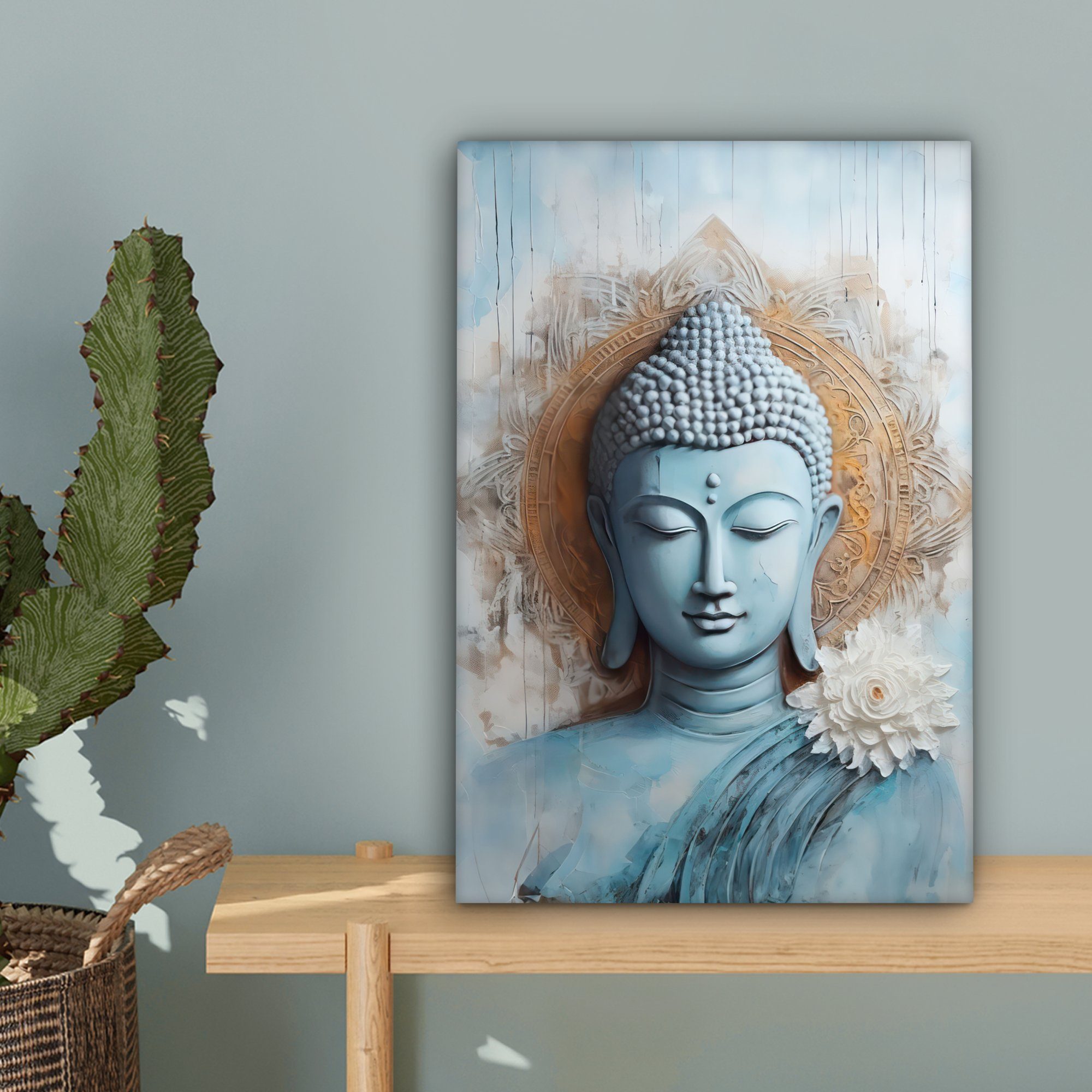 OneMillionCanvasses® Leinwandbild Buddha - Statue - Blau - Braun - Blume, Fotodruck (1 St), Leinwand Canvas Wandbild, Wanddekoration 20x30 cm – Bild 3 von 5