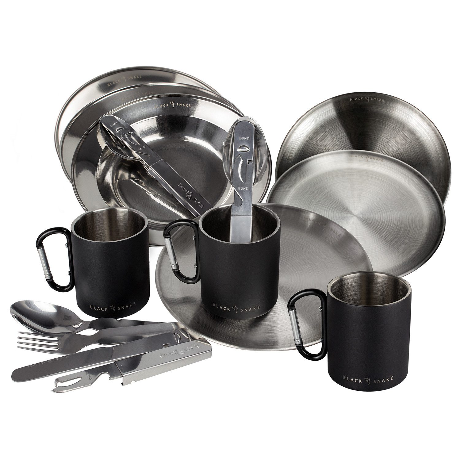 Black Snake Geschirr-Set Black Snake® Camping Geschirr Set: Edelstahl Outdoor-Ausstattung (12-tlg), 3 Personen, Edelstahl, Camping Geschirr Set aus robustem Edelstahl