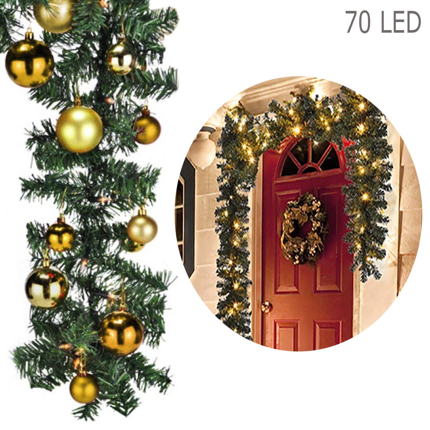XL 70 Lichtervorhang Baumkugeln LED inkl. 540cm mit Mojawo Tannengirlande LED Gold Stück 30