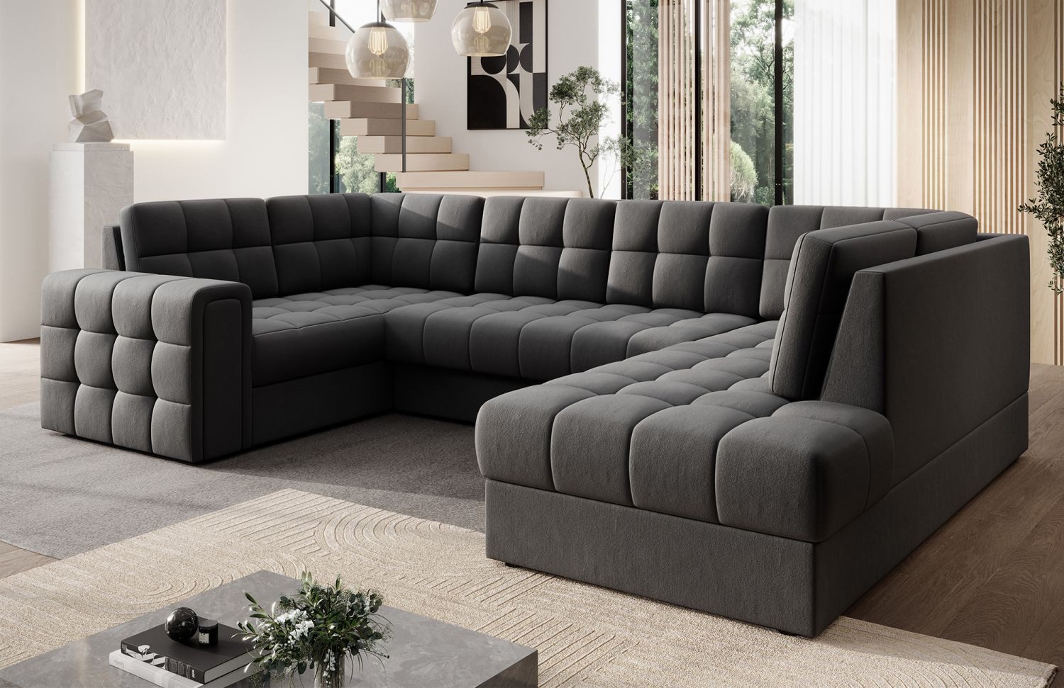 Lukas Möbel Wohnlandschaft Wohnlandschaft Belvis Ecksofa in U-Form, mit Bettfunktion, Bettkasten, Rückseite bezogen