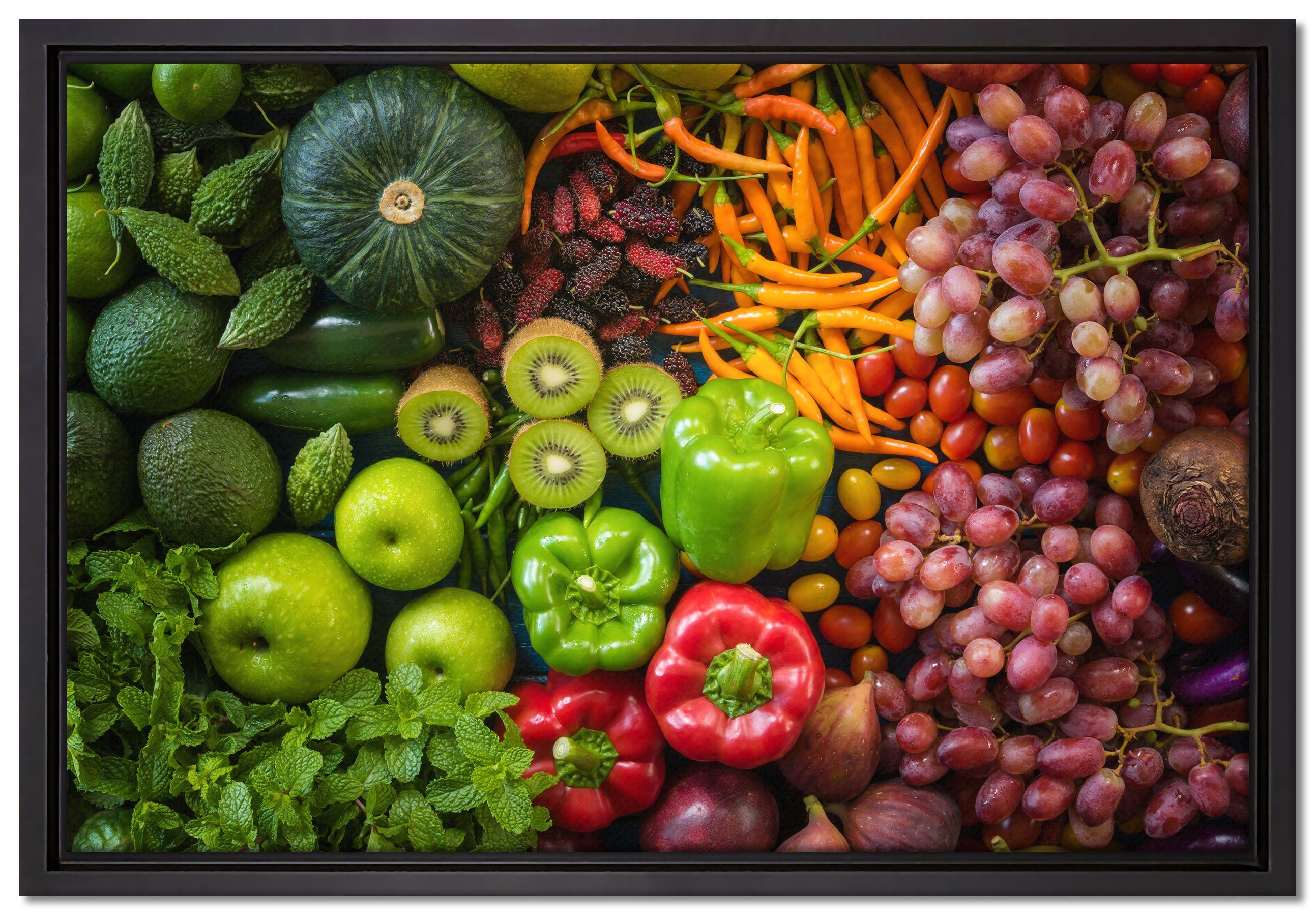 Pixxprint Leinwandbild Verschiedene bunte Früchte von oben, Wanddekoration (1 St), Leinwandbild fertig bespannt, in einem Schattenfugen-Bilderrahmen gefasst, inkl. Zackenaufhänger