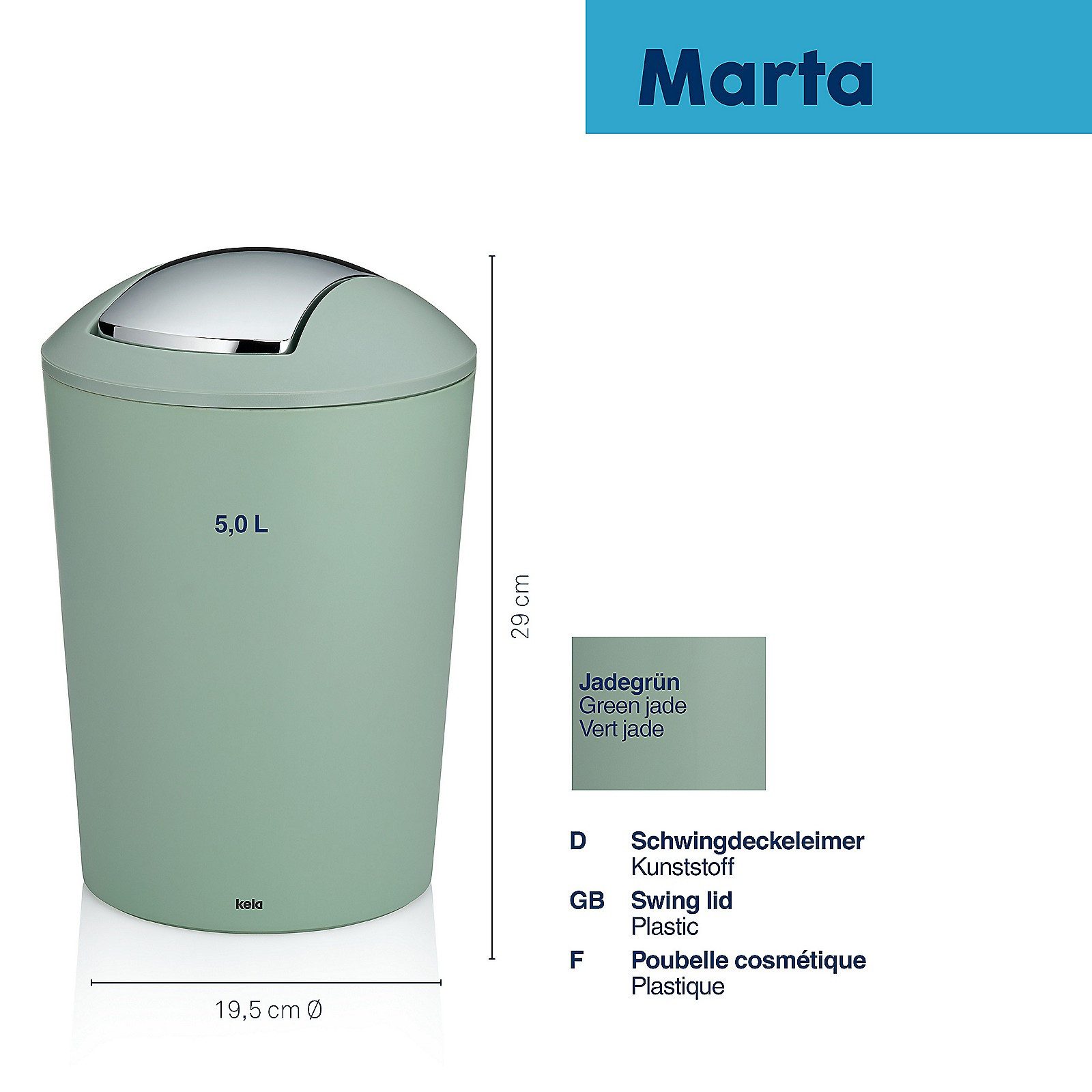 kela Kosmetikeimer Marta, 5 Liter, Schwingdeckeleimer, Deckel abnehmbar, matte Optik, Kunststoff