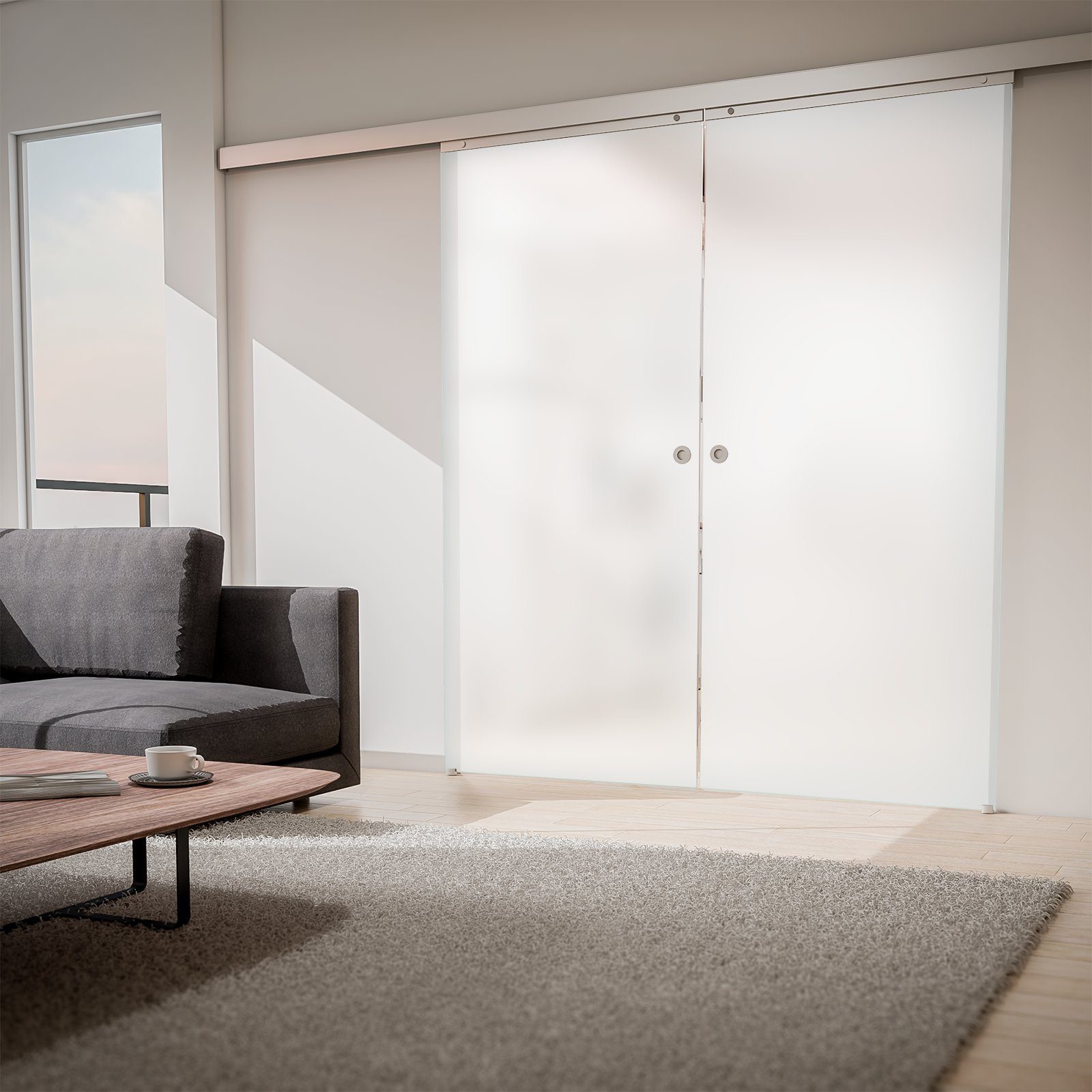 inova wohnen Doppelschiebetür Milchglas-Optik (Komplett Set), mit Griff und Schiene, Softclose wählbar