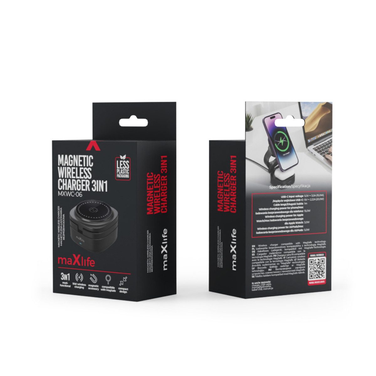 MaXlife MXWC-06 15W Induktions-Ladegerät (3-in-1 Wireless Ladegerät mit magnetischem Schnellladen)