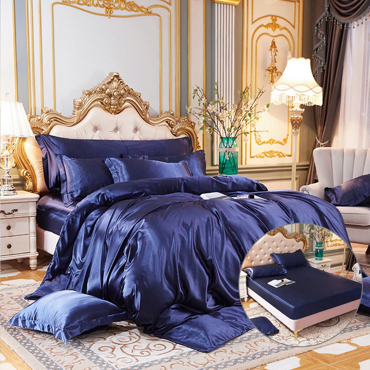 DEBAIJIA Bettdecke, Kopfkissen + Topper Satin Seide Bedding 4 teilig Bettwäsche Set Bettbezug Atmungsaktiv